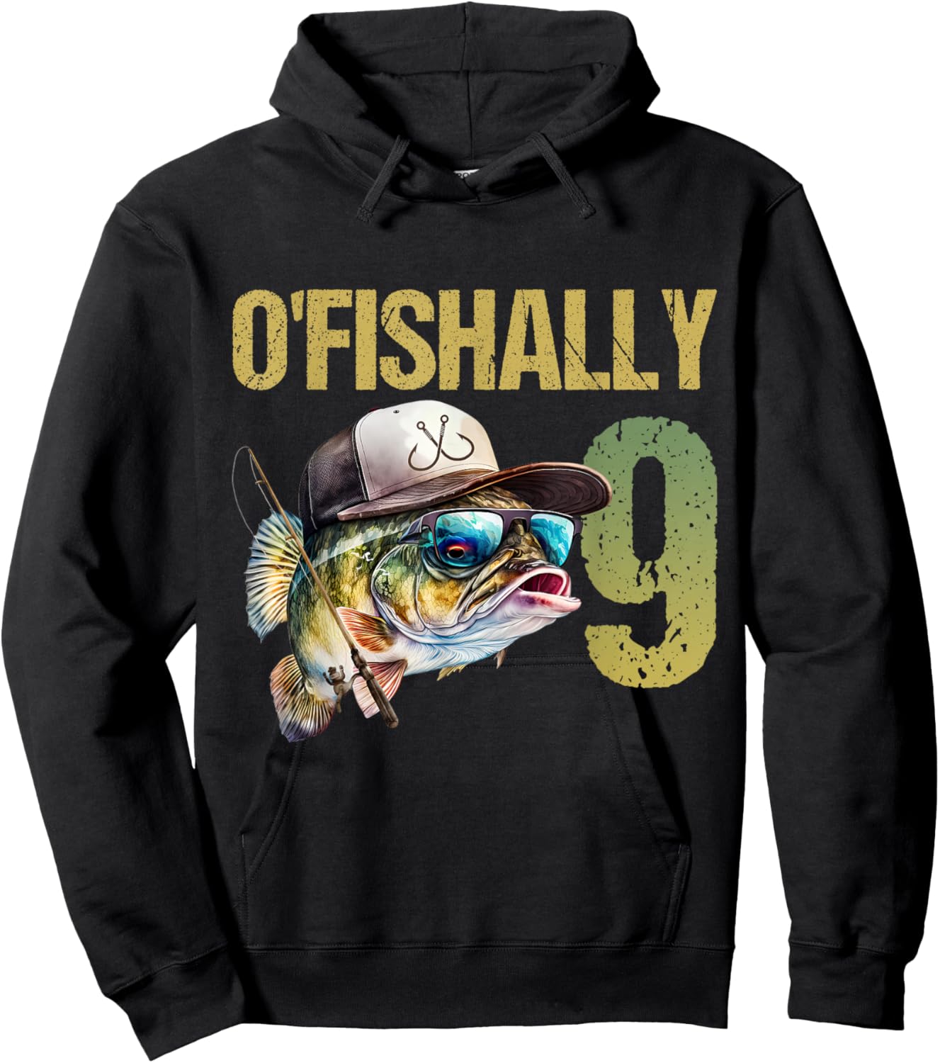 O'fishally 9 Years Old Funny Fishing 9th Birthday Boy Fish Hoodie - Hoodie | Black