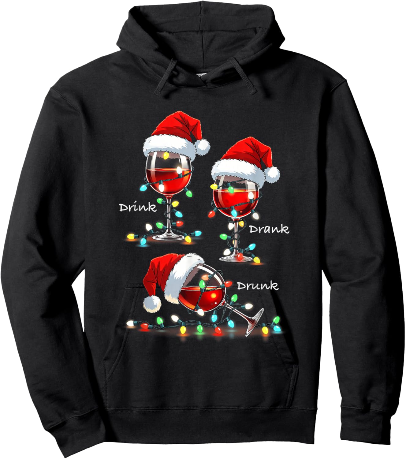 Christmas Wine Drunk Drank Drink Party Santa Hat Xmas Lights Hoodie - Hoodie | Black