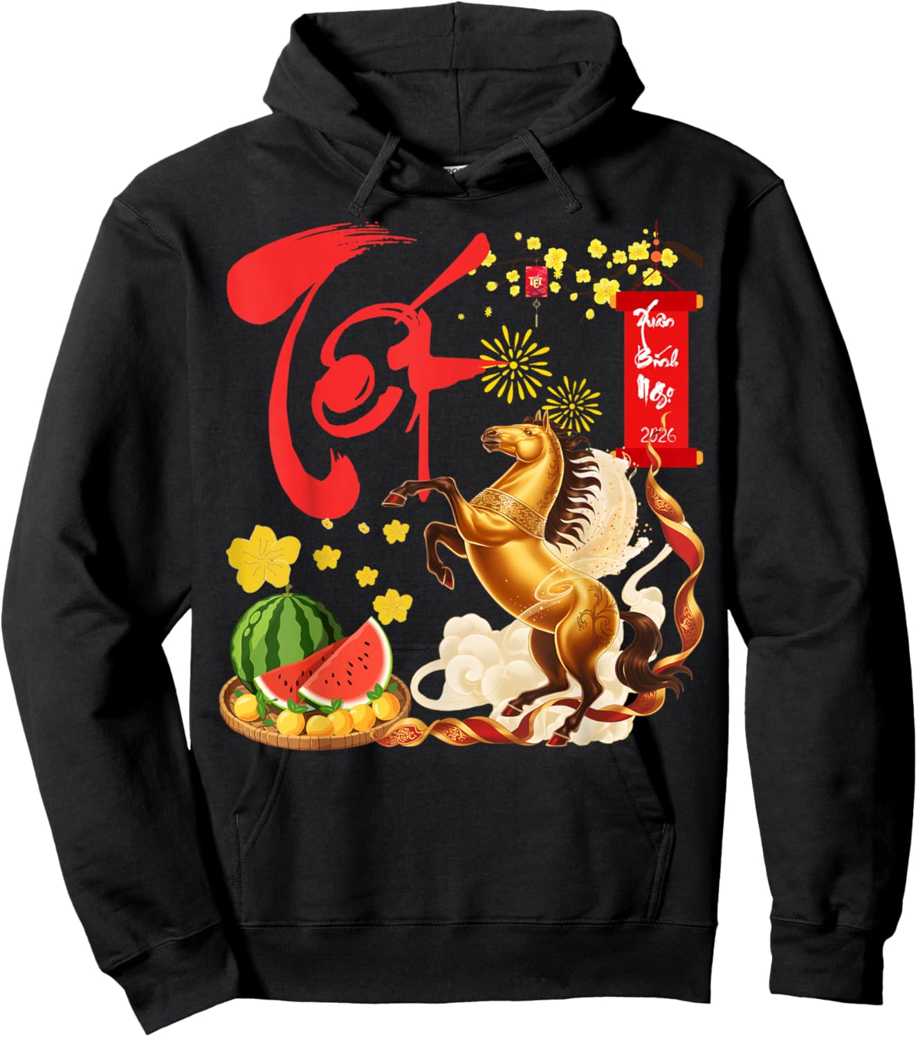 Peach Blossom Vietnamese Lunar New Year Horse 2026 Happy TET Hoodie - Hoodie | Black