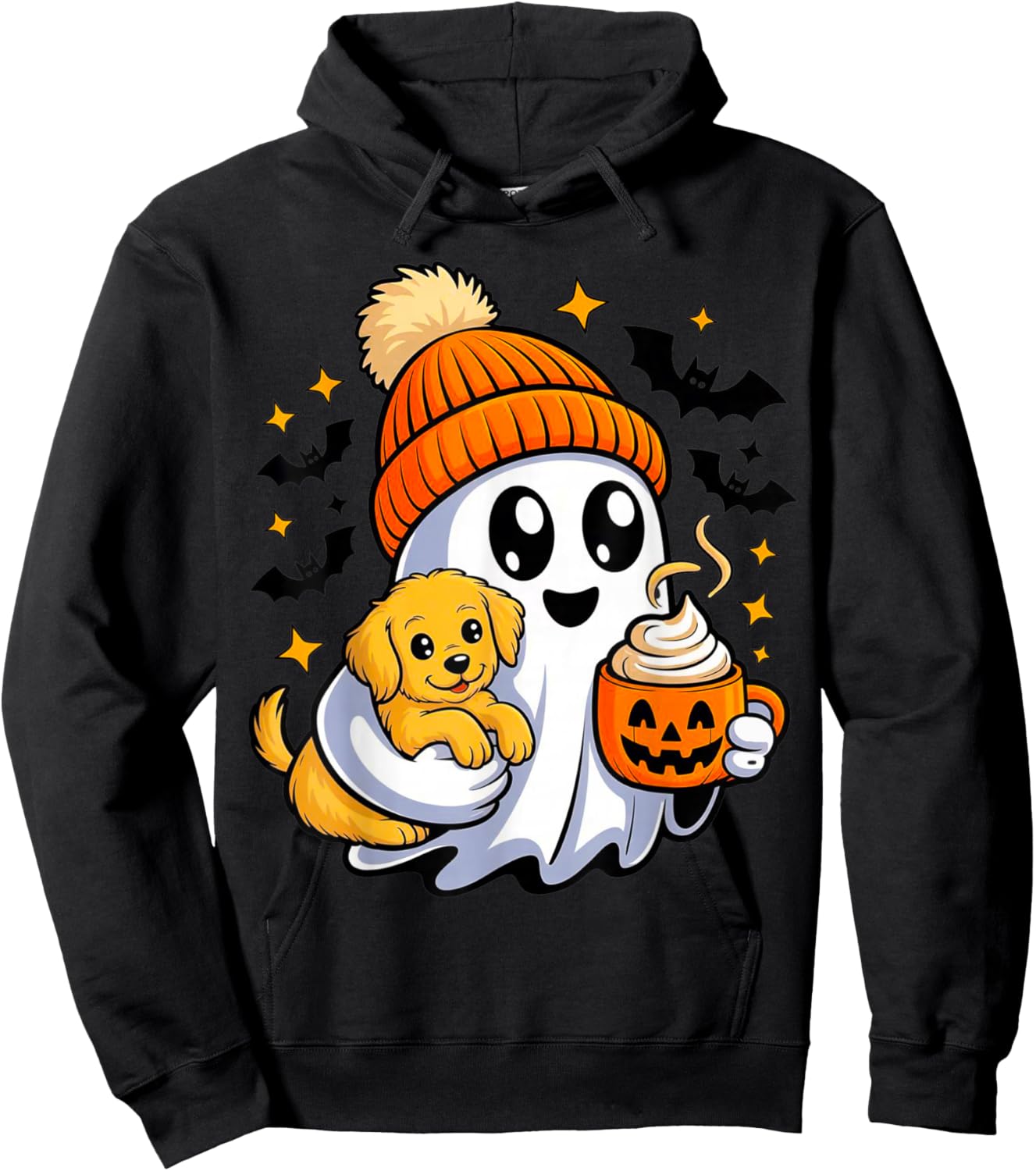 Cute Ghost Drinking Ice - Walking Dog Pug Coffee Halloween Hoodie - Hoodie | Black