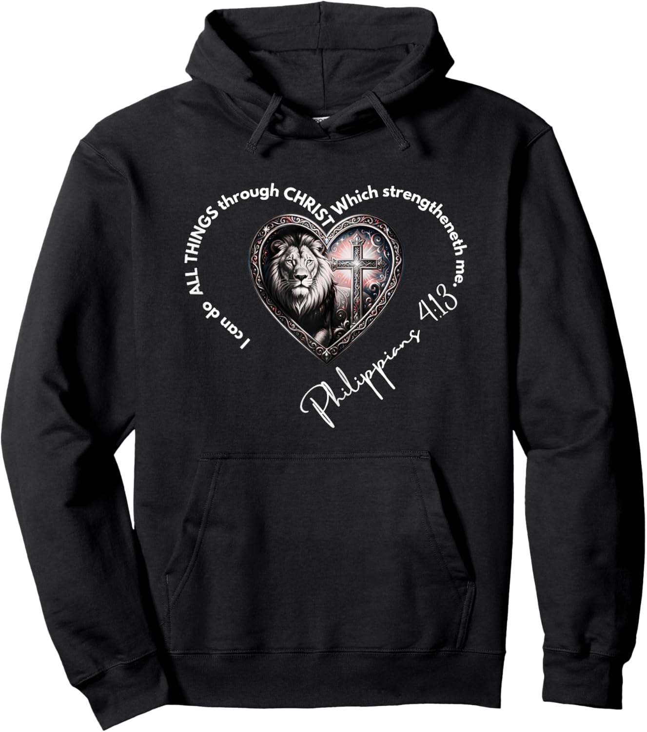 Christian Lion Heart Philippians 4:13 Scripture Art Hoodie - Hoodie | Black