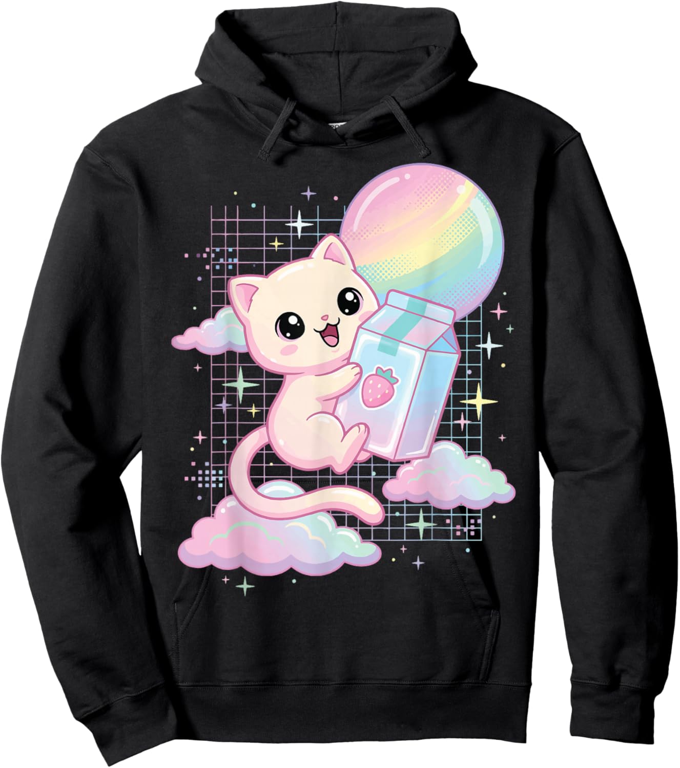 Kawaii Cat Strawberry Milk Aesthetic Hoodie - Hoodie | Black