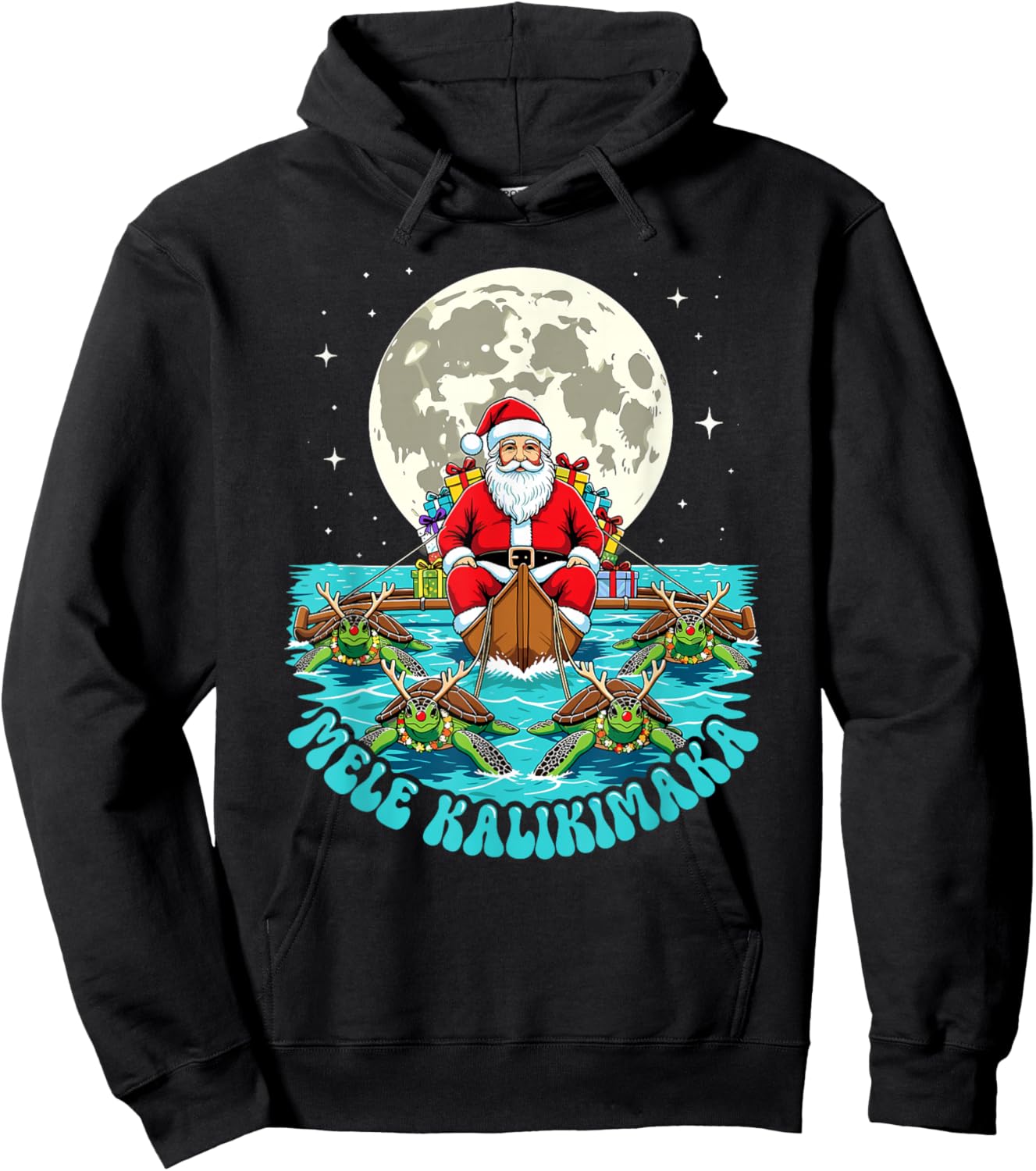 Mele Kalikimaka Hawaiian Christmas Santa Sea Turtle Sleigh Hoodie - Hoodie | Black