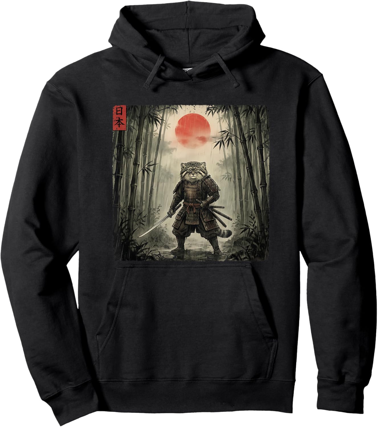 Ukiyo-e Japanese Vintage Warrior Samurai Manul Pallas´s Cat Hoodie - Hoodie | Black