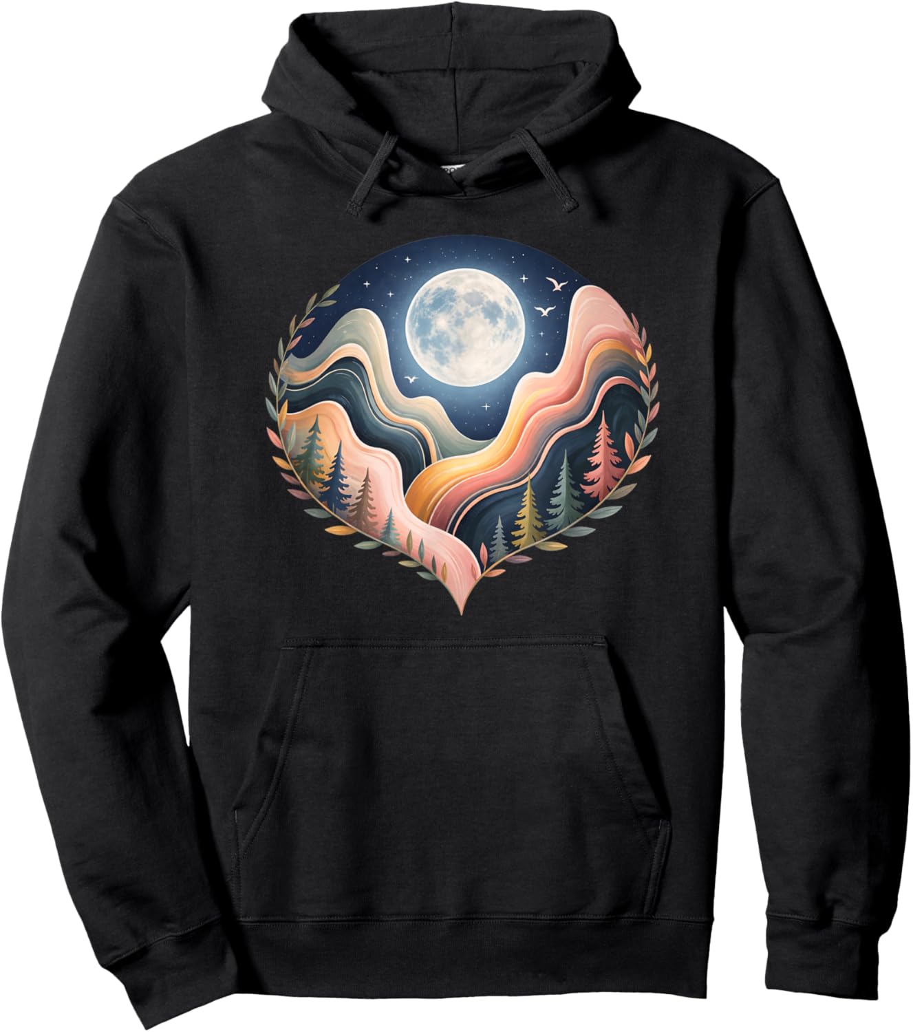 Heart-Shaped Nature Landscape Art, Scenic Moon Hoodie - Hoodie | Black