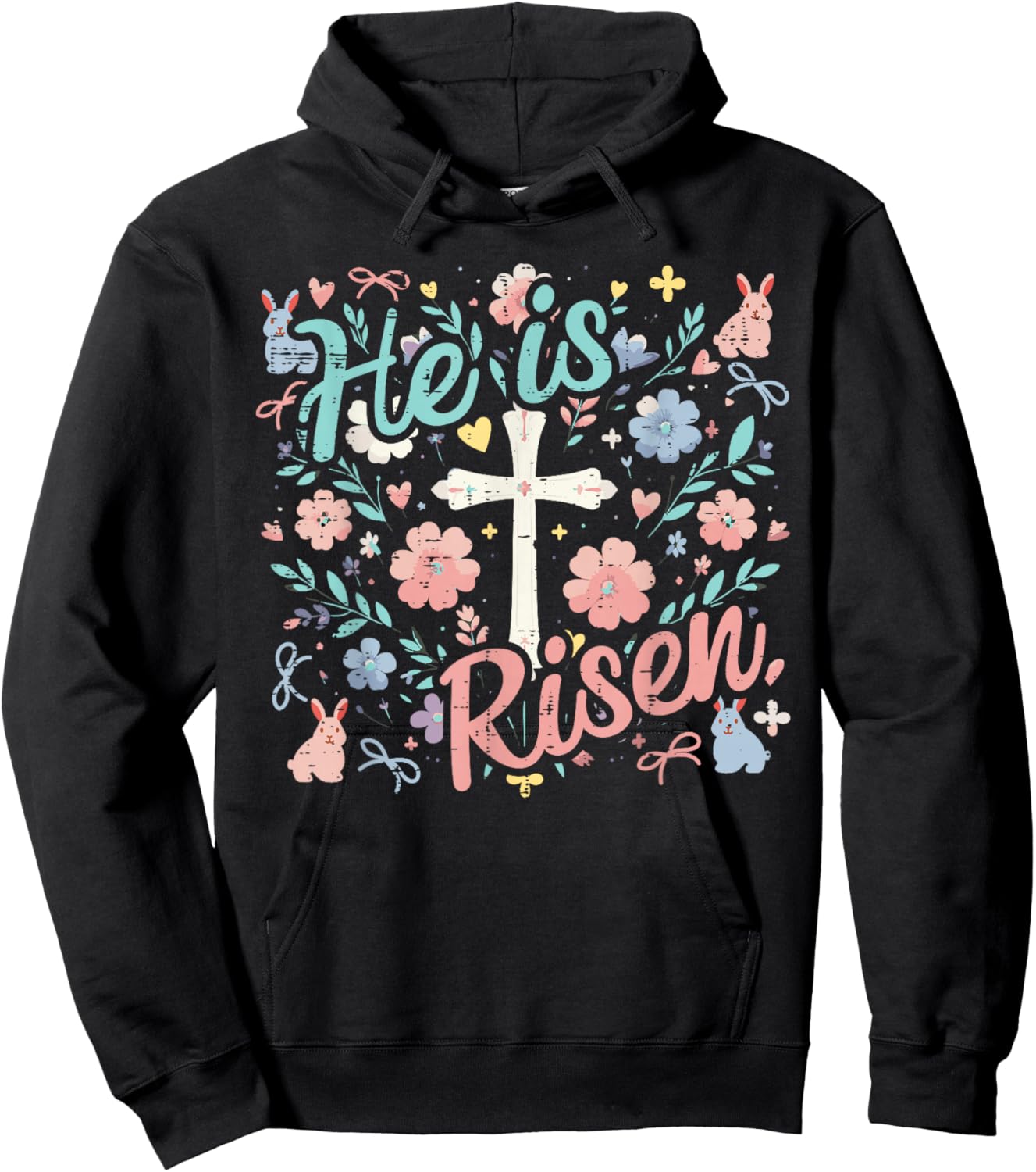 Easter He is Risen Cross Flowers Religious Women Girls Kids Hoodie - Hoodie | Black