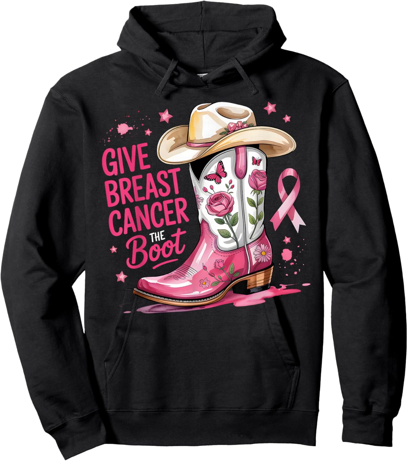 Give Breast Cancer The Boot Breast Cancer Pink Ribbon Women Hoodie - Hoodie | Black