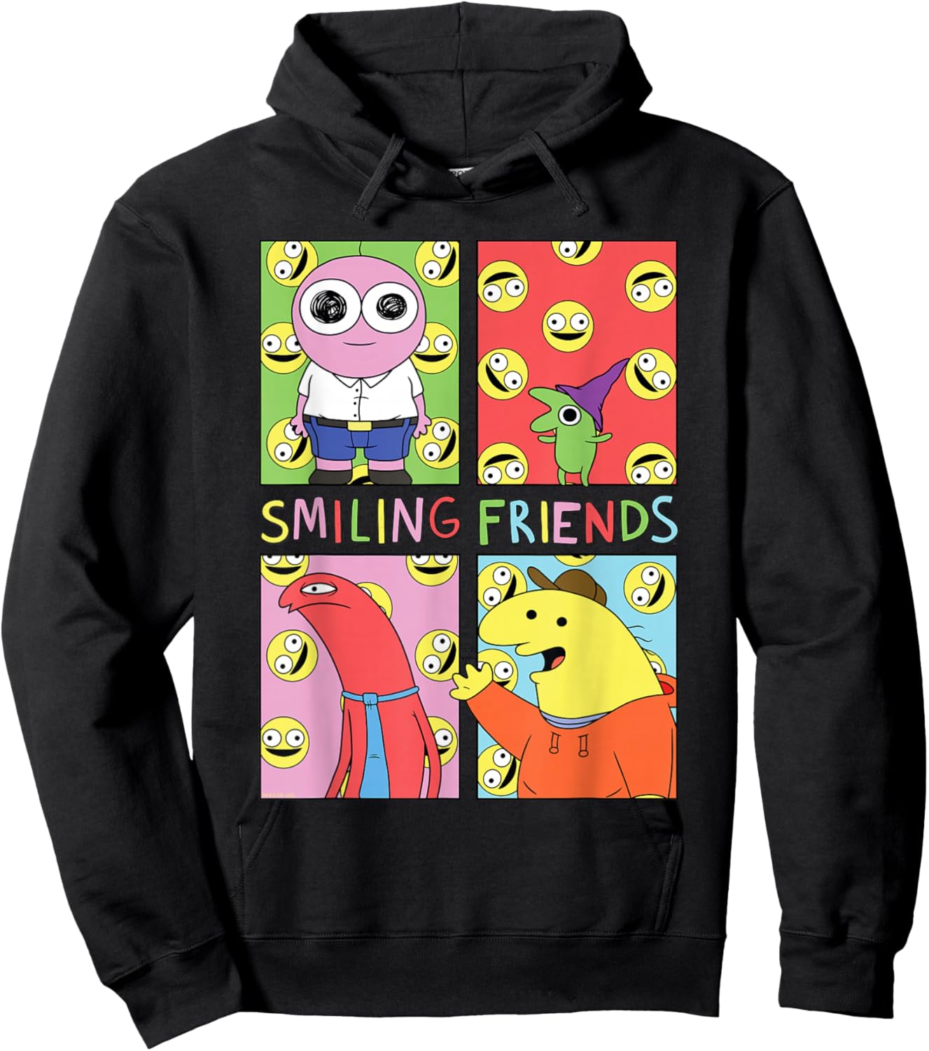 Smiling Friends Pop Art Character Grid Funny Cartoon Hoodie - Hoodie | Black