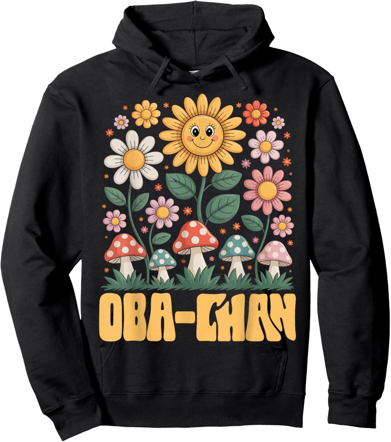 OBA-CHAN Mother’s Day Floral Sunflower Mushroom Style Hoodie - Hoodie | Black