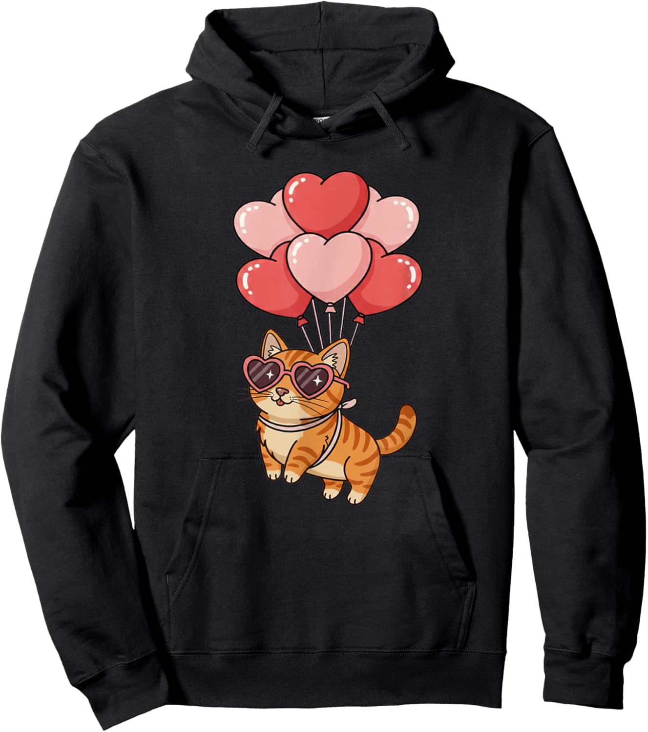 Girls Valentines Day Heart Balloons Orange Tabby Cat Hoodie - Hoodie | Black