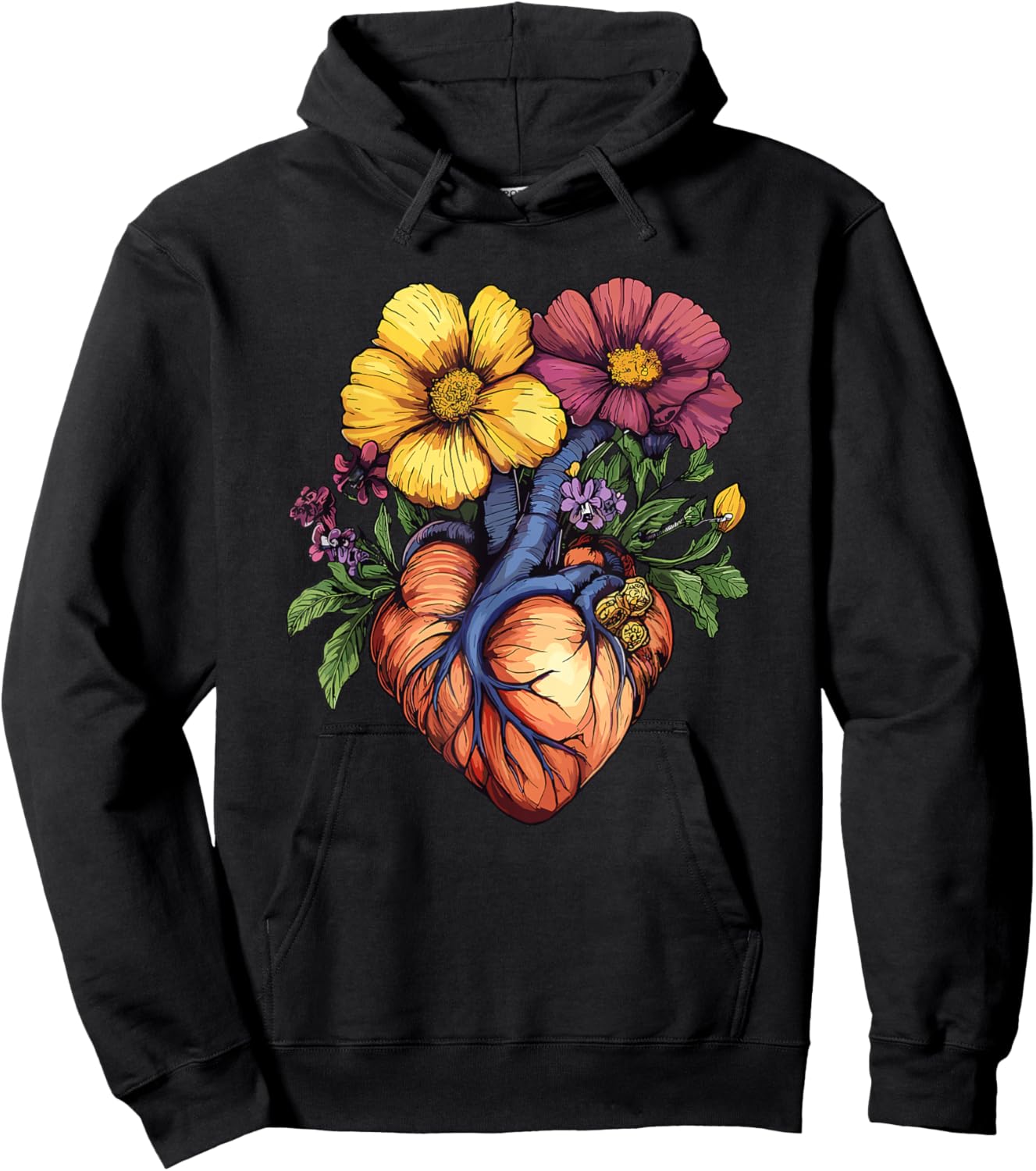 Floral Heart Anatomy with Blooming Vessels Hoodie - Hoodie | Black