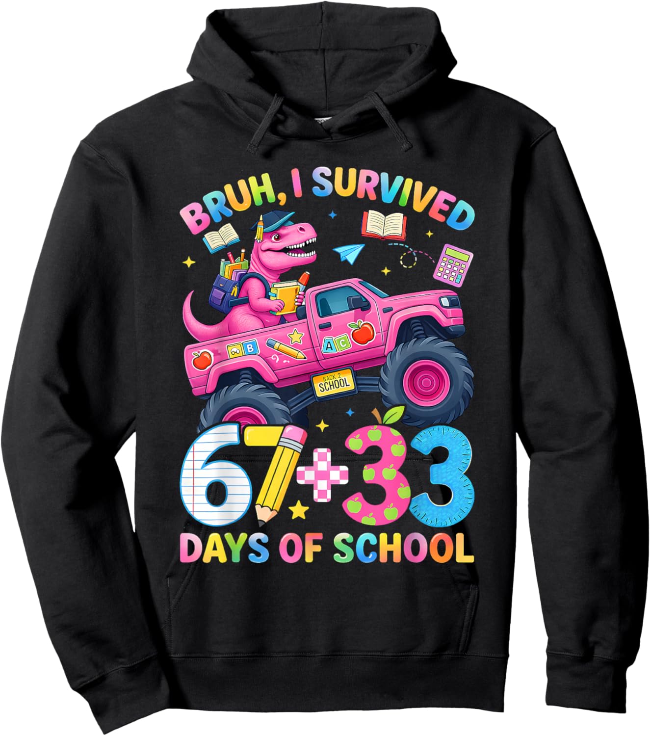 Bruh I Survived 67 33 Days of School Boy Kids 100th Day Trex Hoodie - Hoodie | Black