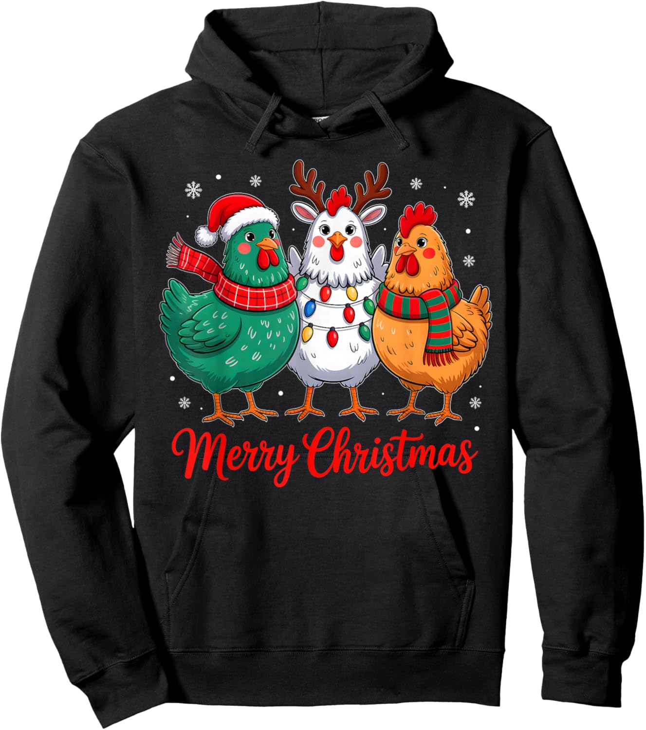 Merry Christmas Chicken Farmer Animal Santa Hat Xmas Lights Hoodie - Hoodie | Black