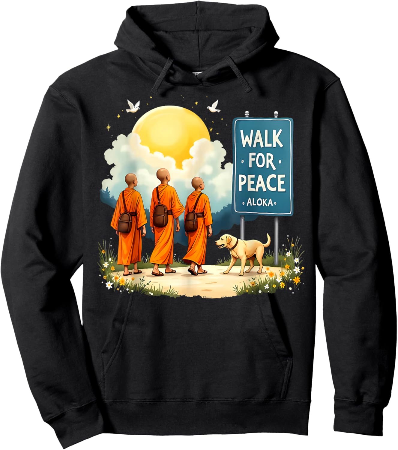 Retro Walk for Peace Monks with Aloka Dog Minimalist Zen Art Hoodie - Hoodie | Black