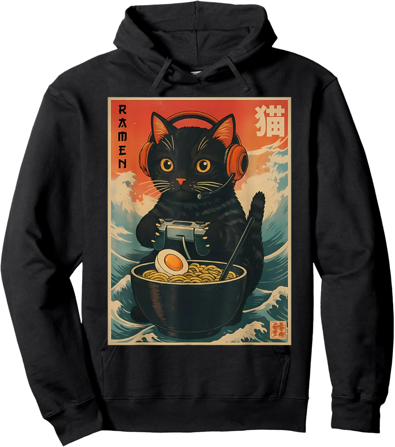 Kawaii Gamer Cat Funny Ramen Retro Japanese Cat Gaming Hoodie - Hoodie | Black