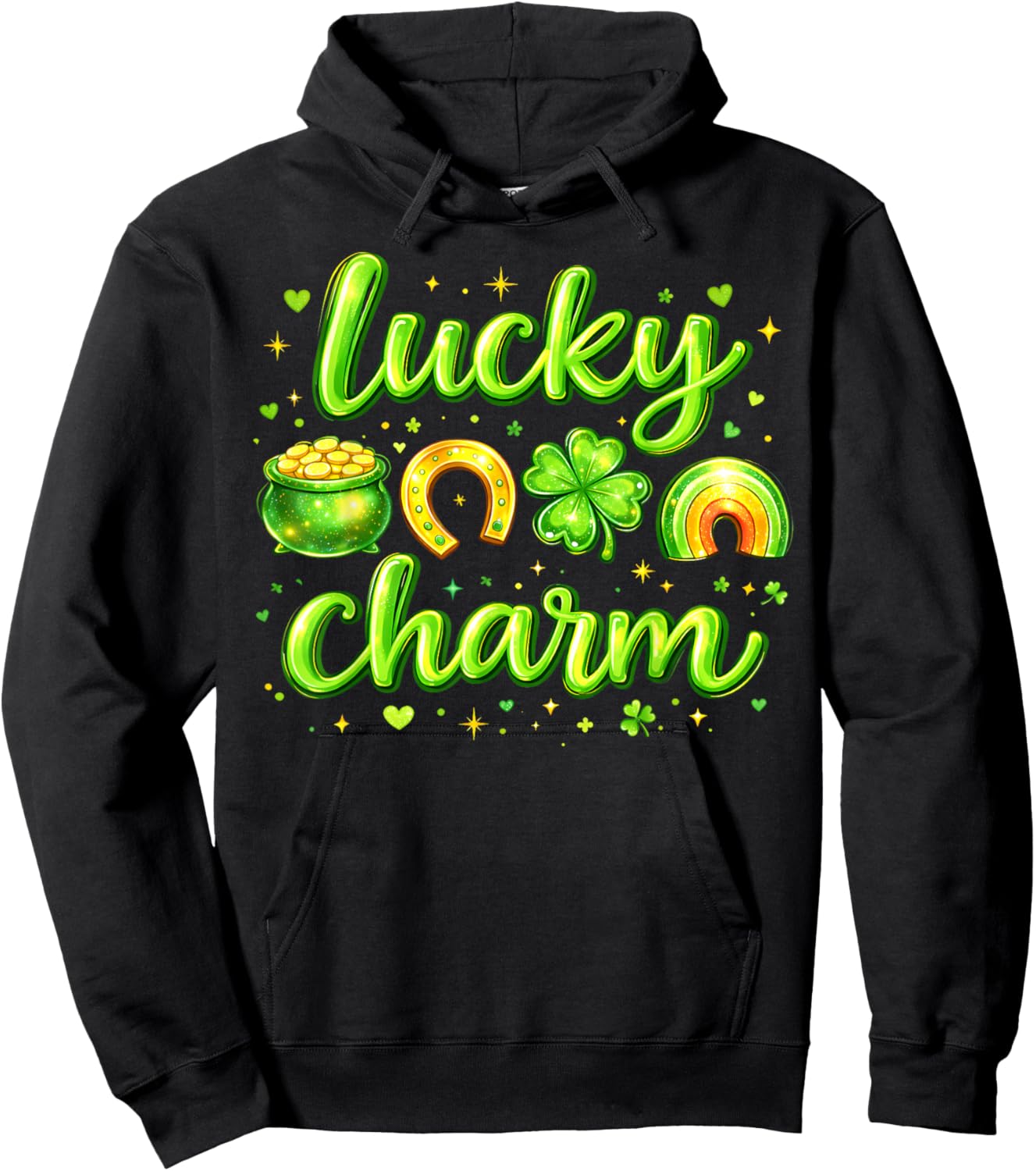 St Patricks Day Lucky Charm Rainbow Clover Gold Pot Hearts Hoodie - Hoodie | Black