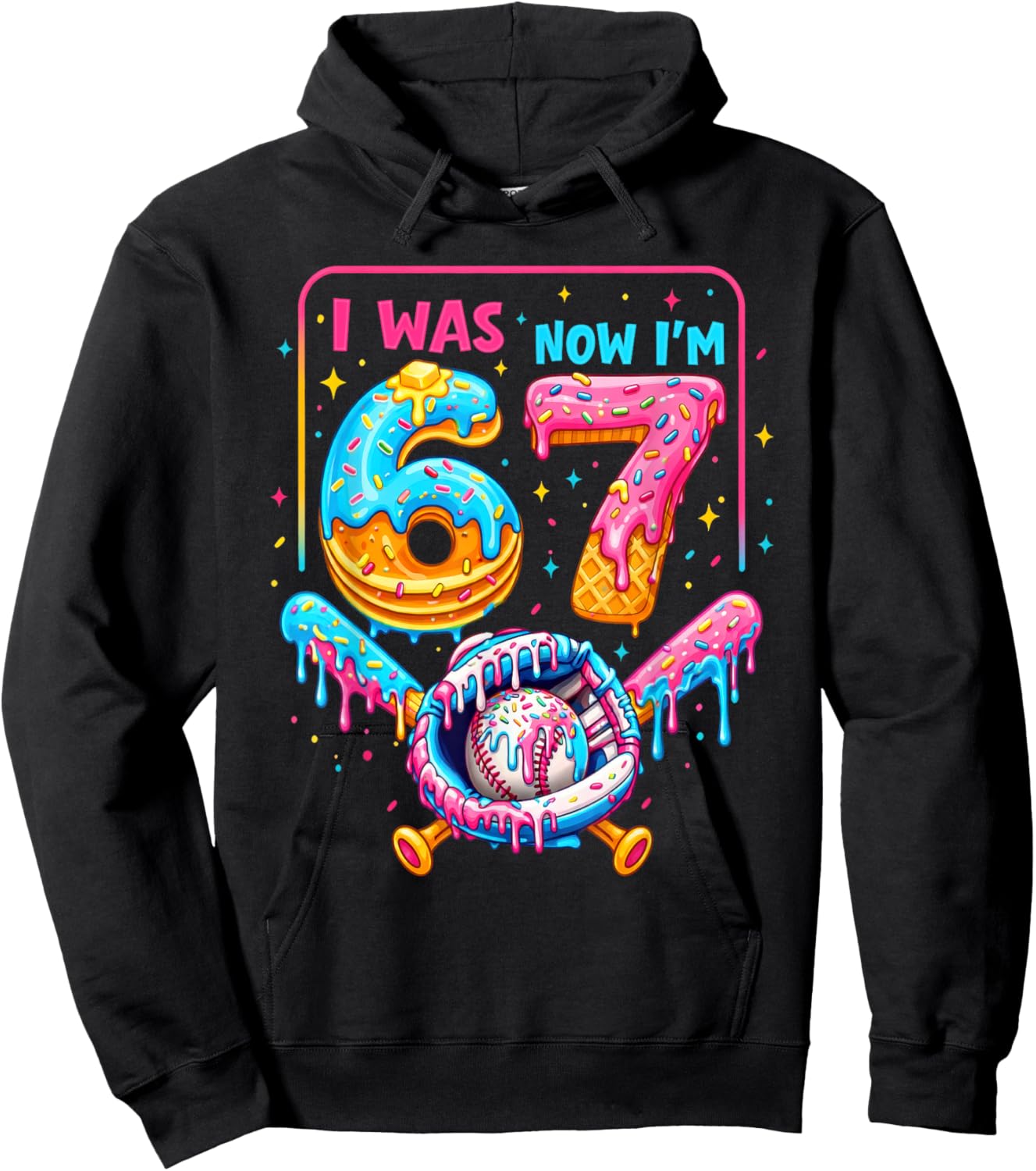 7th Birthday Boys I was 6 Now I'm 7 Baseball Ice Cream Drip Hoodie - Hoodie | Black