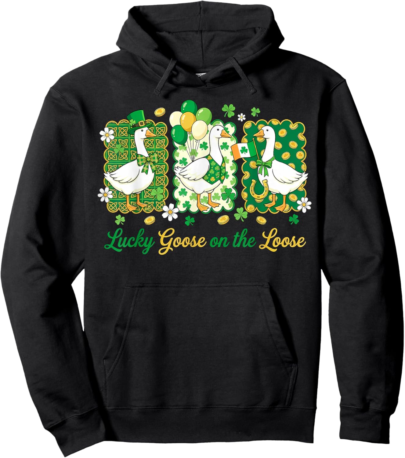 Retro Lucky Goose On The Loose St Patricks Day Shamrock Hoodie - Hoodie | Black