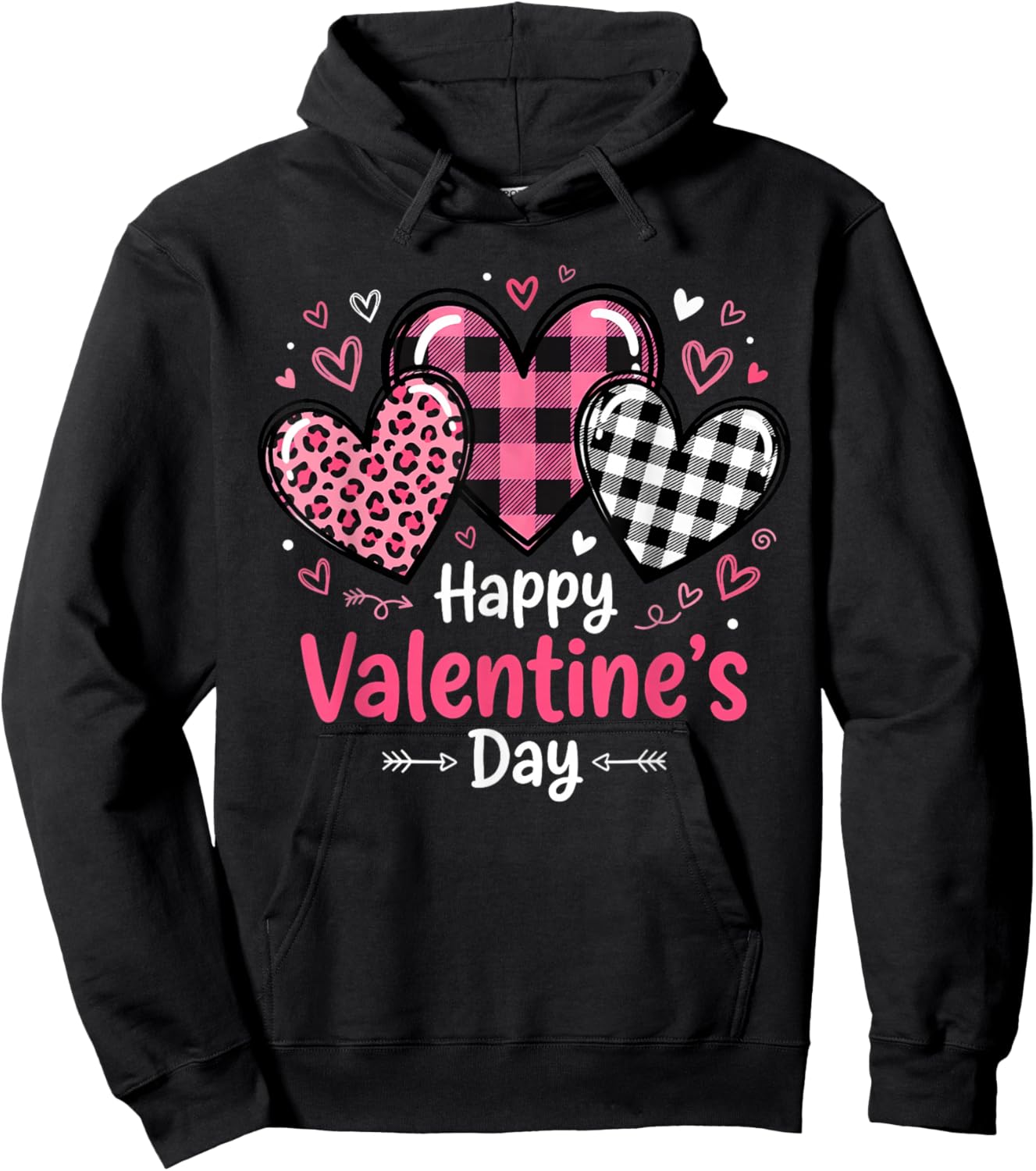 Happy Valentines Day Leopard and Plaid Love Hearts Women Hoodie - Hoodie | Black