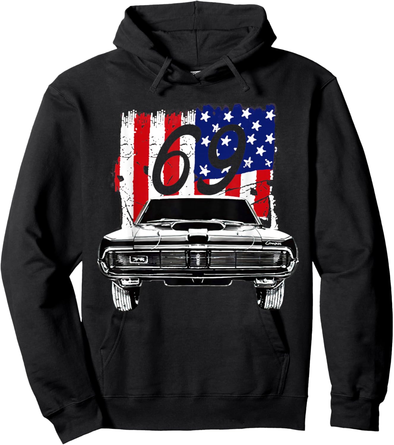 1969 69 Mercury Cougar Red Classic Vintage Old Car USA Flag Hoodie - Hoodie | Black