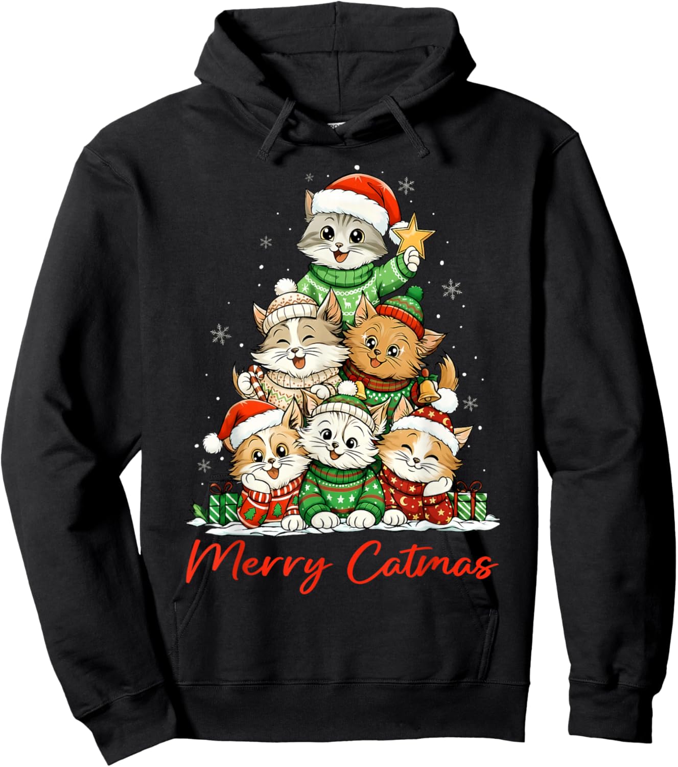 Merry Christmas Funny Christmas Tree Meowy Catmas Women Kids Hoodie - Hoodie | Black