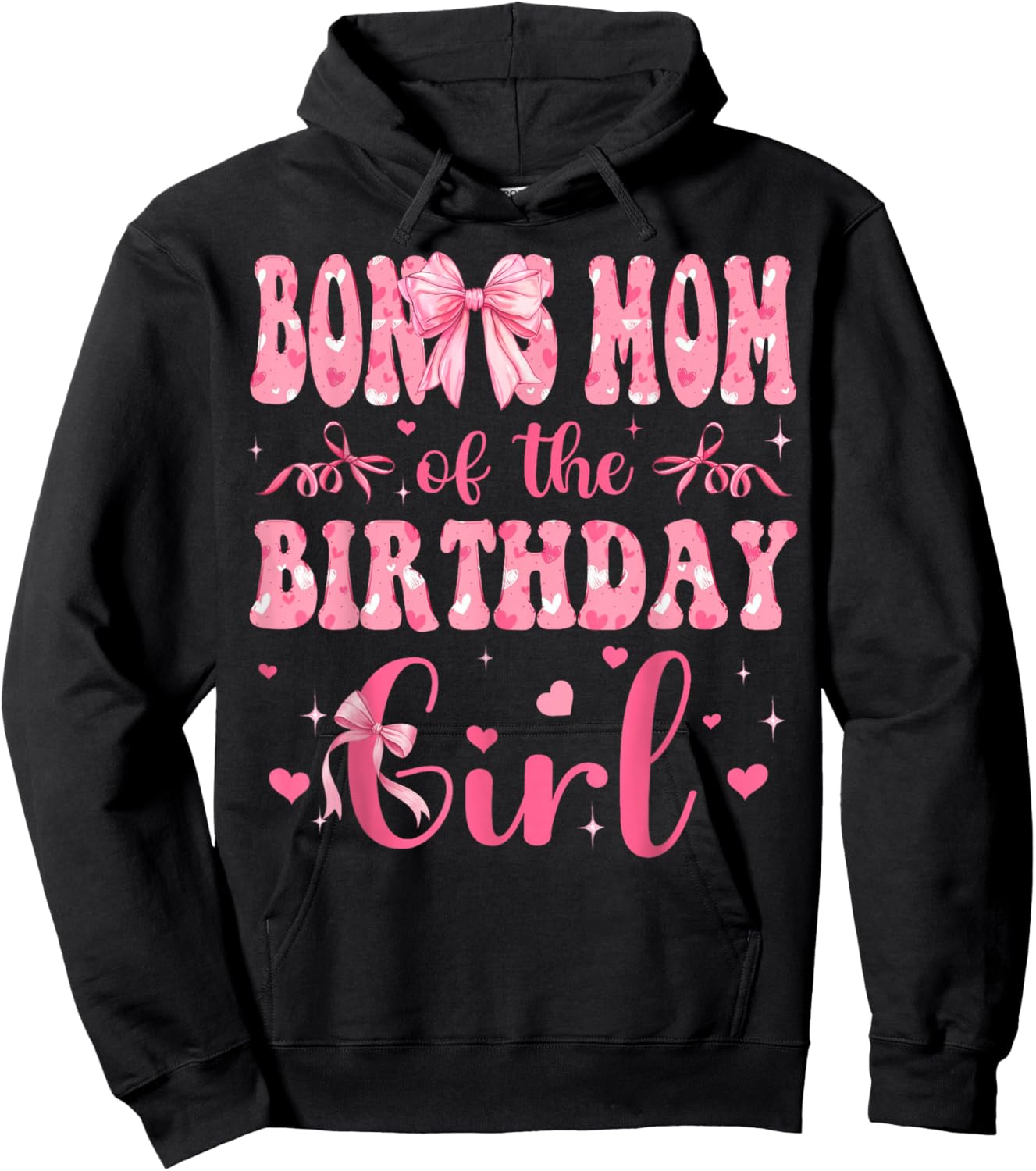 Bonus Mom of The Birthday Girl Matching Pink Coquette Bow Hoodie - Hoodie | Black