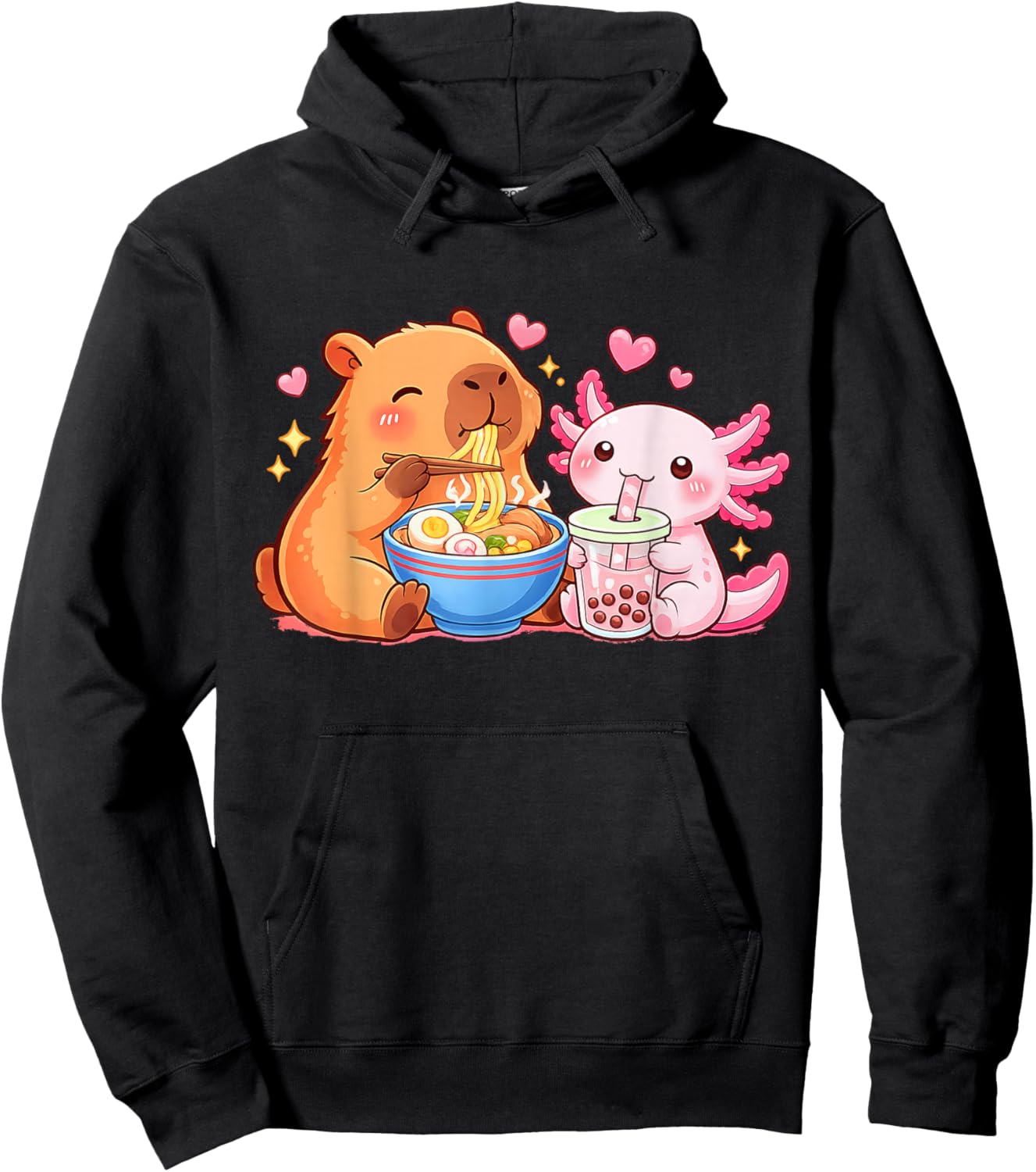 Funny Capybara and Axolotl Ramen Boba Kawaii Boys Girls Kids Hoodie - Hoodie | Black