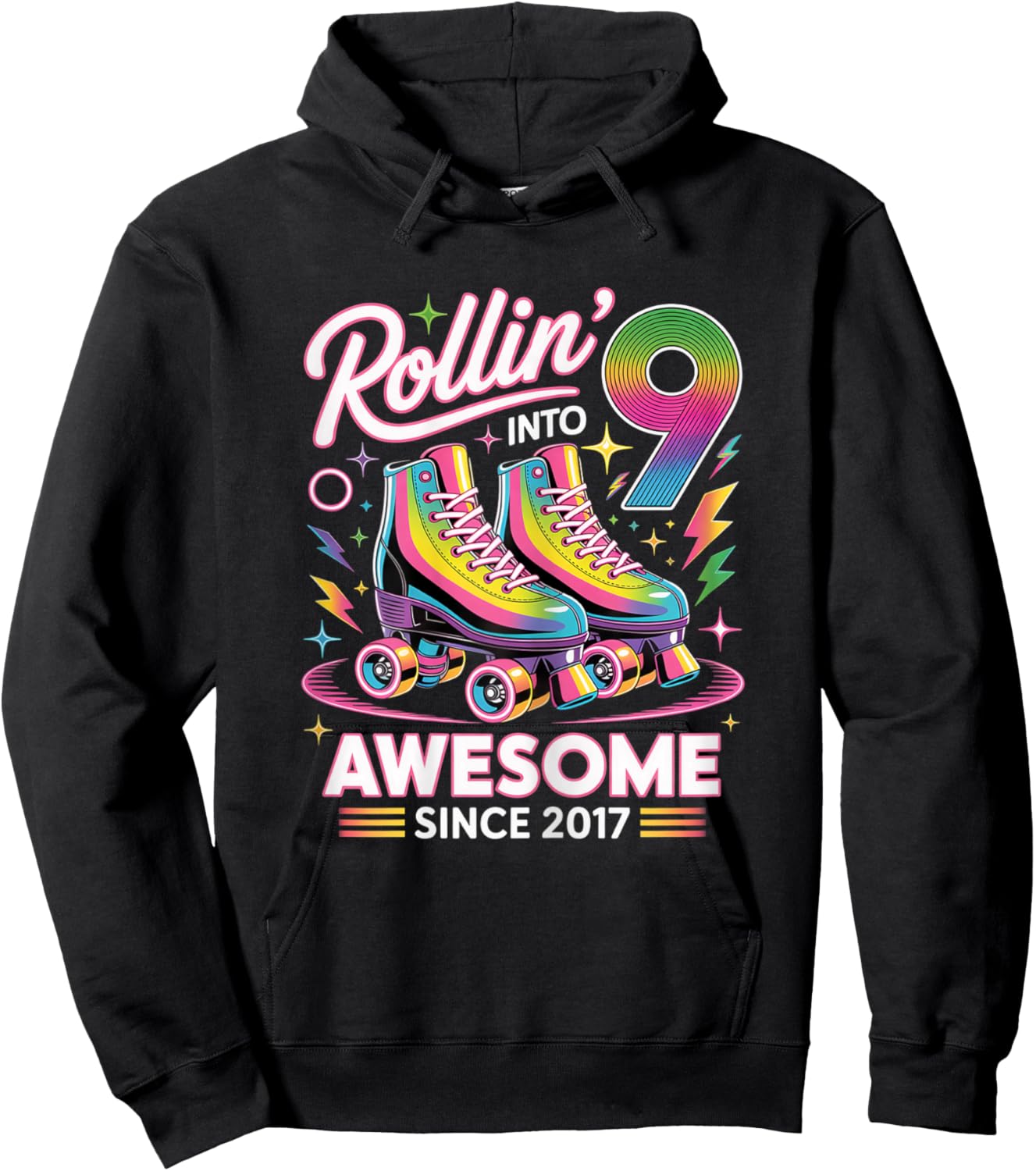 9th Birthday Girl Nine 9 Year Old Roller Skate Skating Hoodie - Hoodie | Black