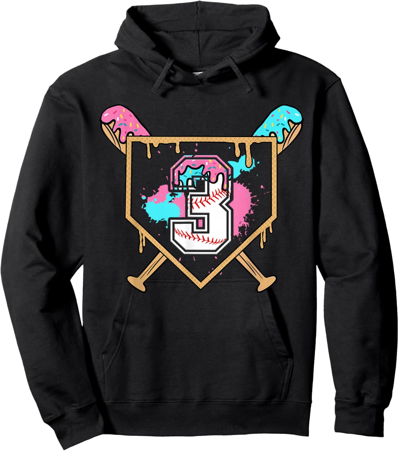 3rd Third Birthday Baseball Bat Ice-Cream Drip 3yrs Old Boys Hoodie - Hoodie | Black