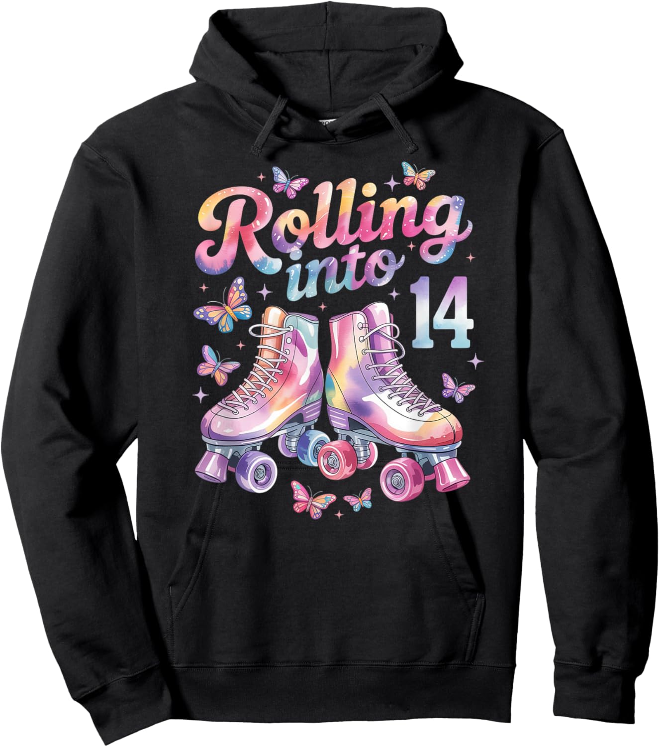 Rolling Into 14 Butterfly Roller Skate Birthday 14 Years Old Hoodie - Hoodie | Black