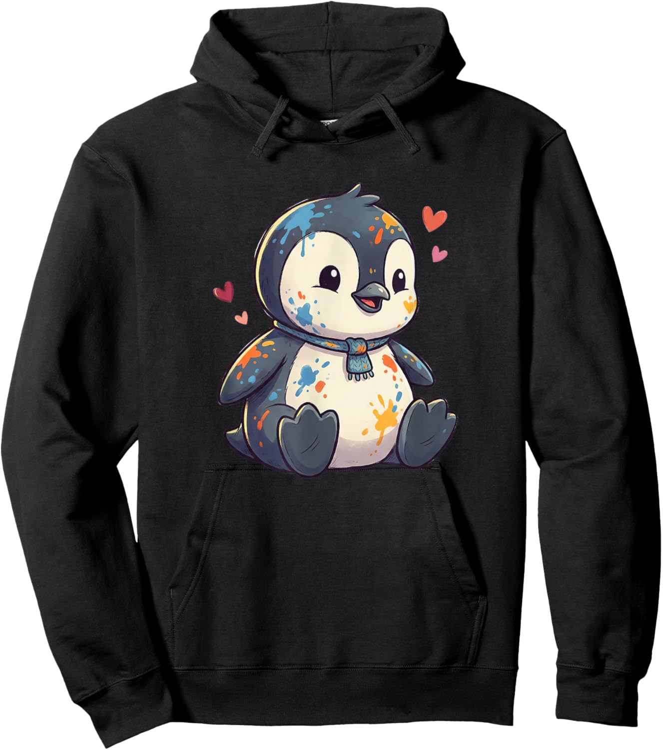 Adorable Baby Penguin with Color Paint Hearts Hoodie - Hoodie | Black