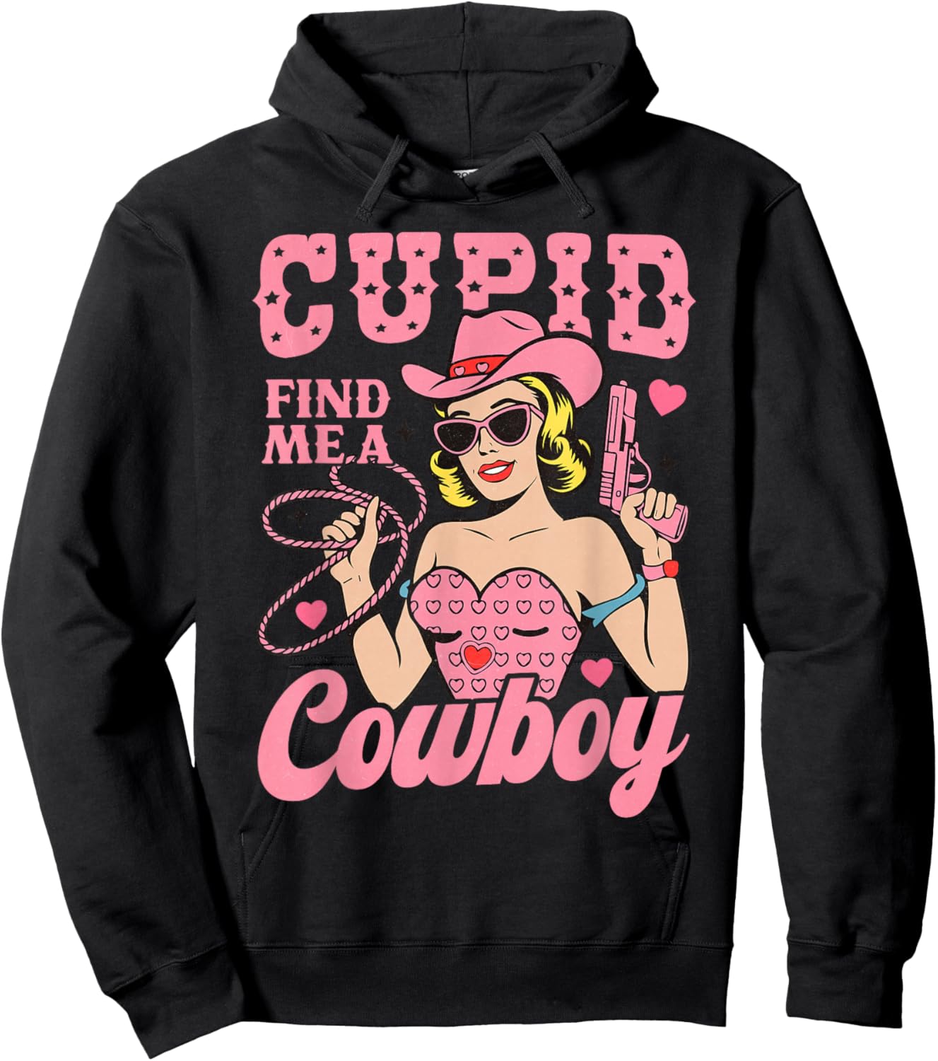 Cupid Find Me A Cowboy Funny Valentine Retro Vibes Hoodie - Hoodie | Black
