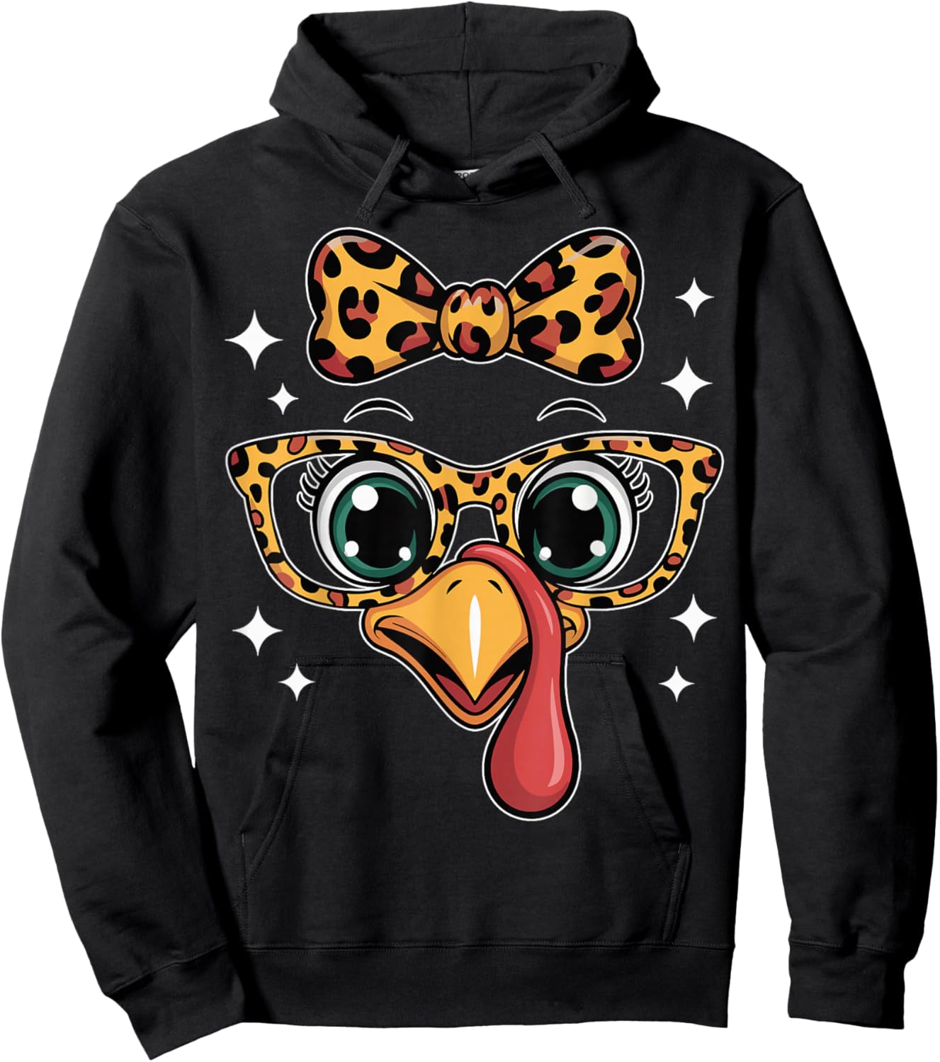 Thanksgiving Turkey Face Leopard Bow Glasses Women Girls Hoodie - Hoodie | Black