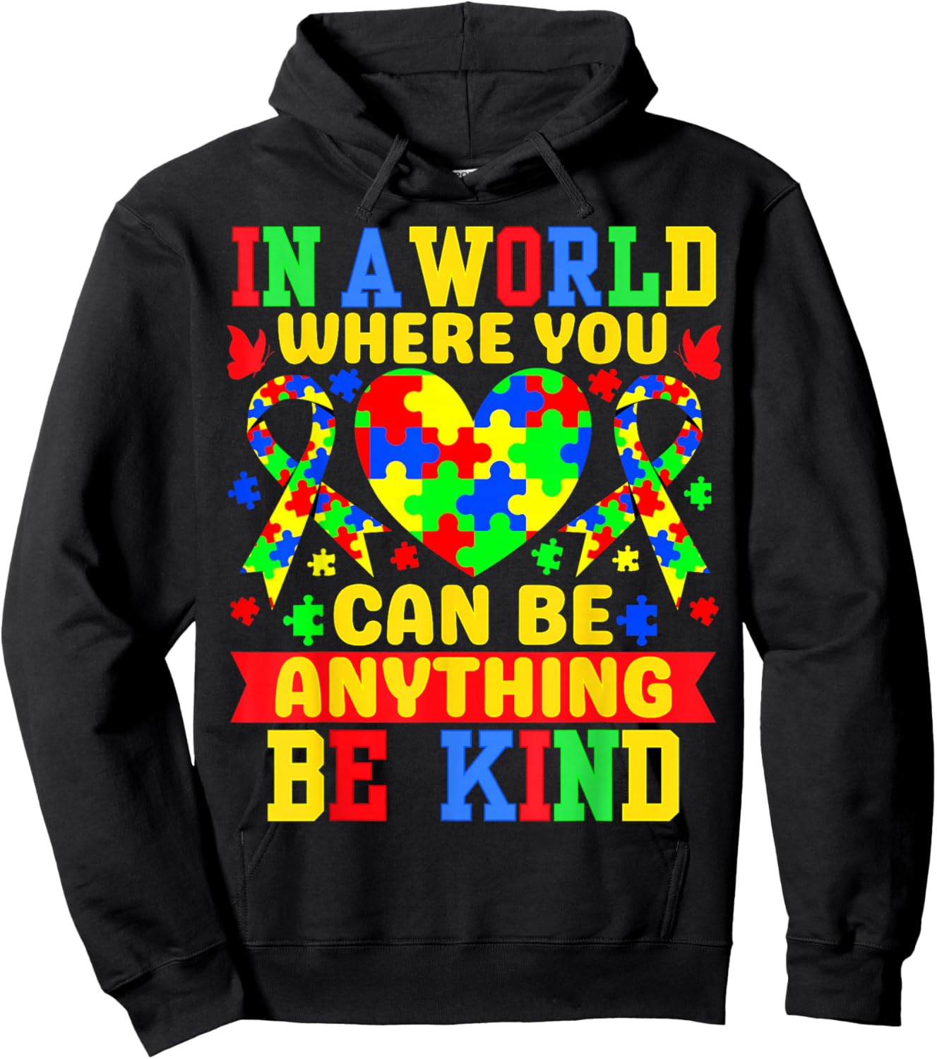 Be Kind Autism Awareness Ribbon Heart Autism Puzzle Kids Hoodie - Hoodie | Black