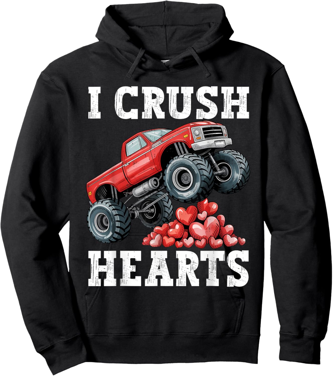 Monster Truck Teens Kids Boys I Crush Heart Valentines Day Hoodie - Hoodie | Black