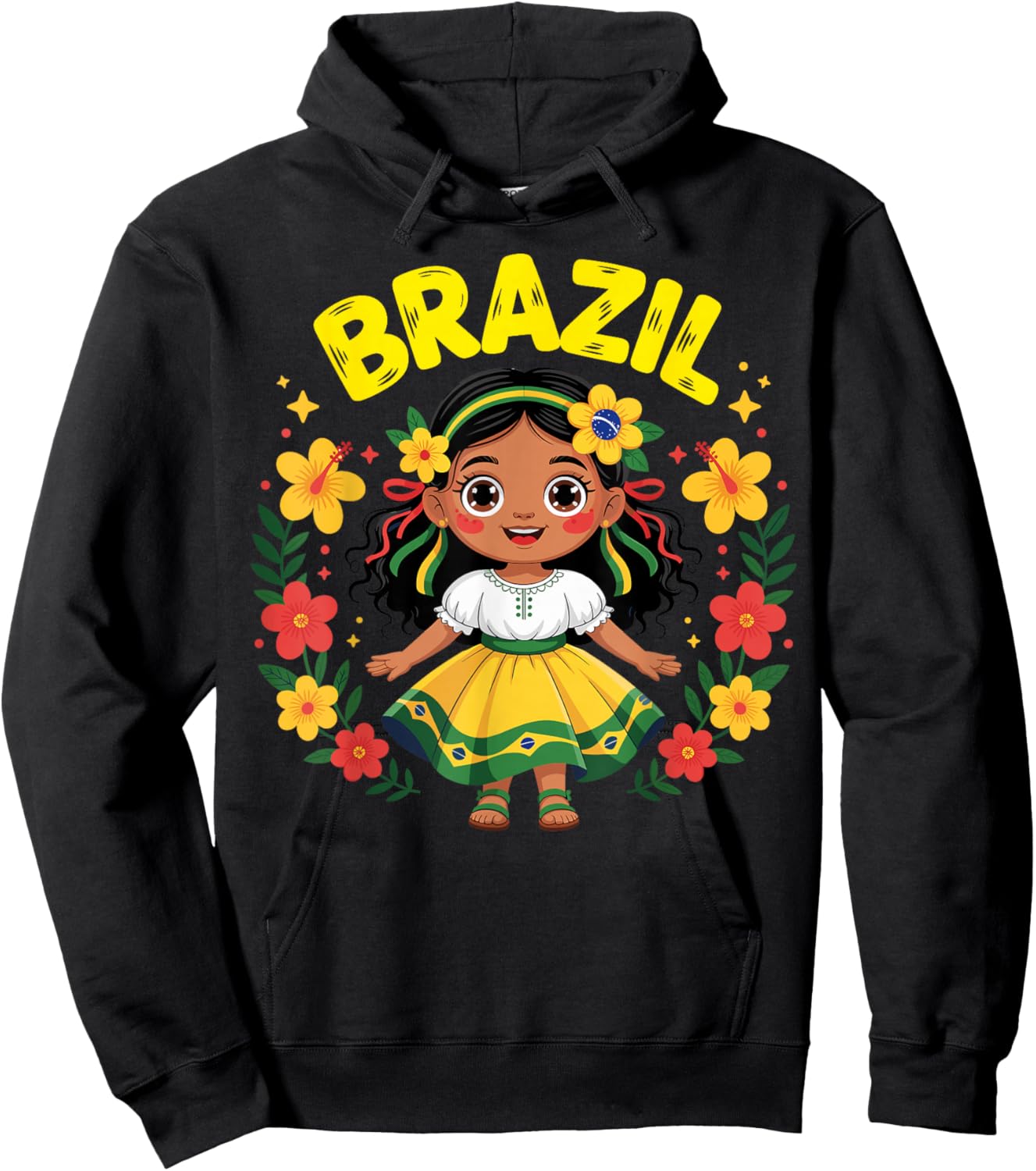 Cute Brazil Girl Traditional Dress Flag Colors Art for Kids Hoodie - Hoodie | Black