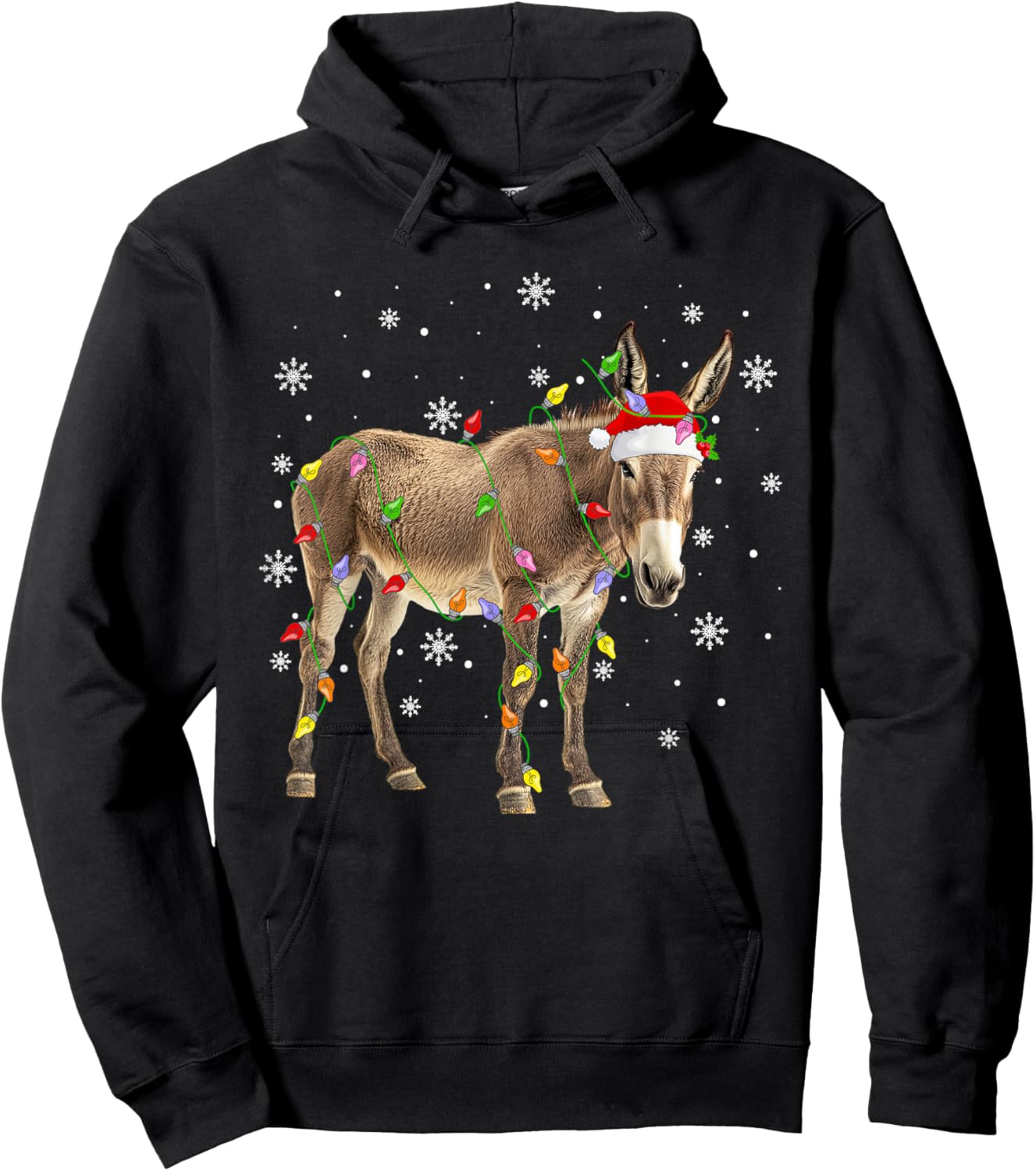 Donkey Mule Christmas Lights Funny Santa Hat Animal Xmas Hoodie - Hoodie | Black