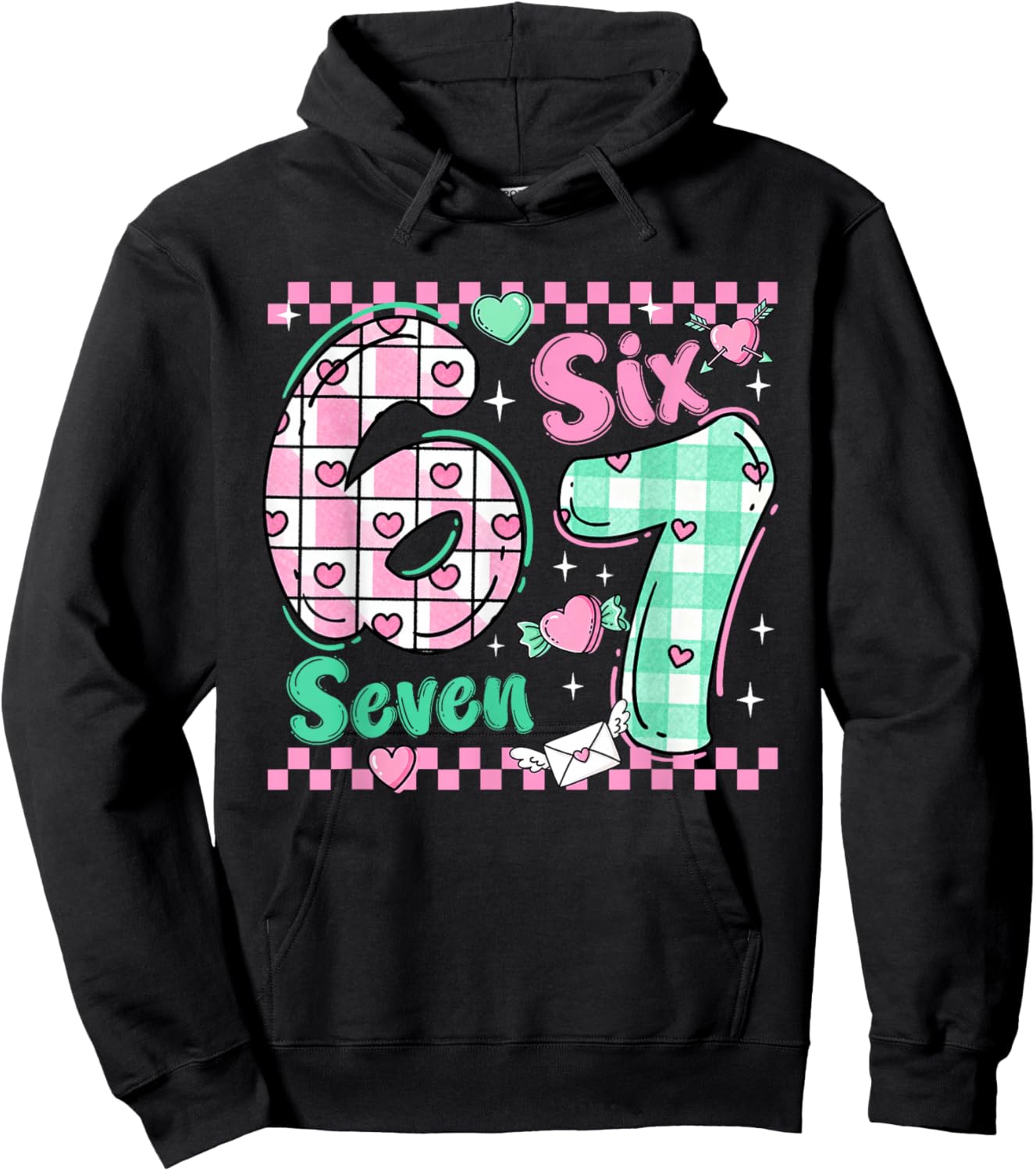 Checkered 67 Meme Six Seven Viral Number Valentines Girl Kid Hoodie - Hoodie | Black