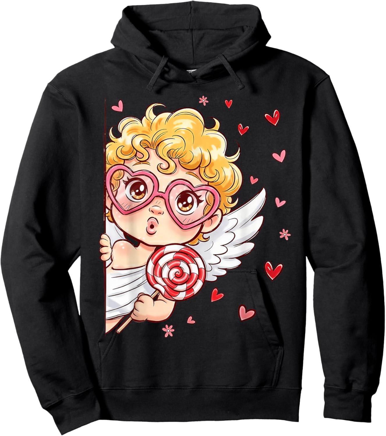 Retro Cupid Cute Heart Sunglasses Happy Valentine Men Women Hoodie - Hoodie | Black