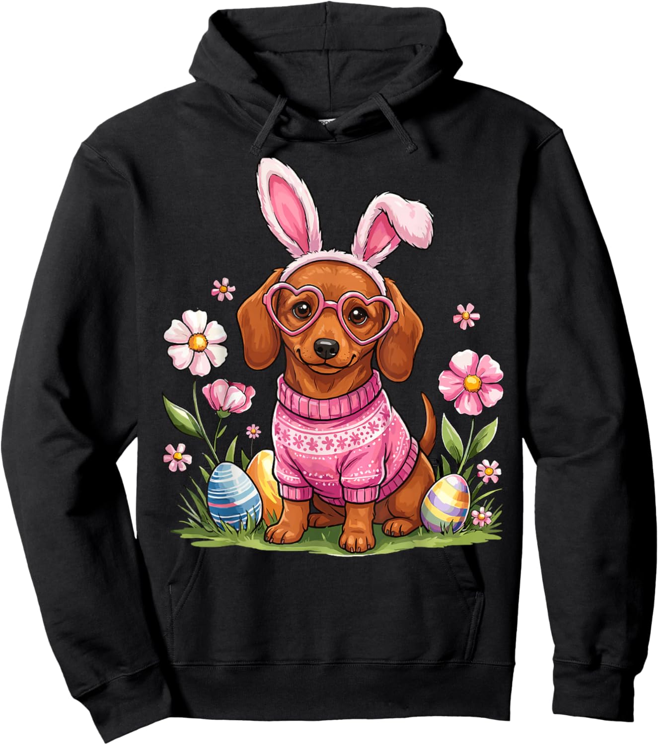 Easter Day Dachshund Dog Outfit Bunny Ears Egg & Basket Eggs Hoodie - Hoodie | Black