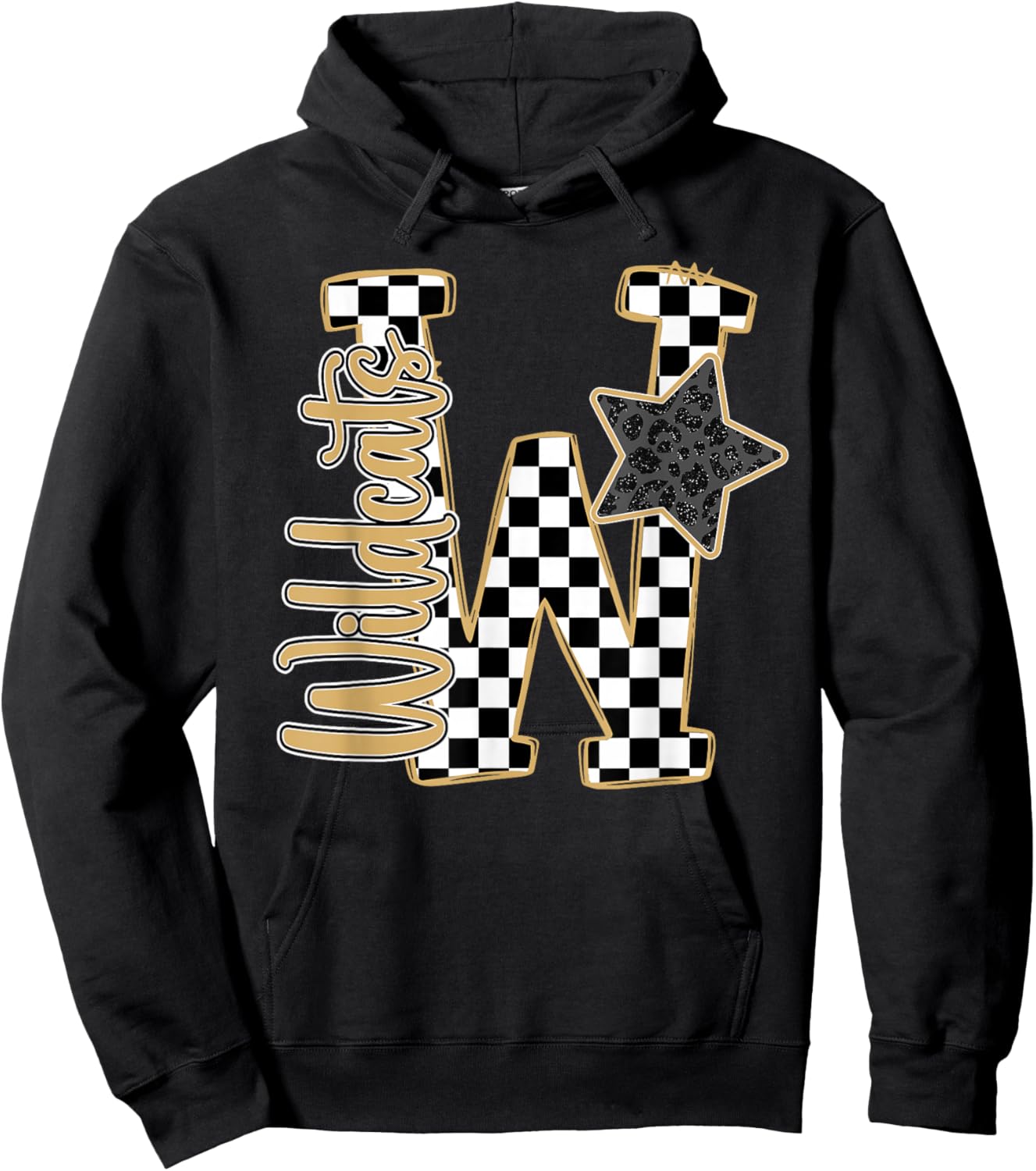 Gold Wildcats Checkered Print Star Leopard School Spirit Hoodie - Hoodie | Black