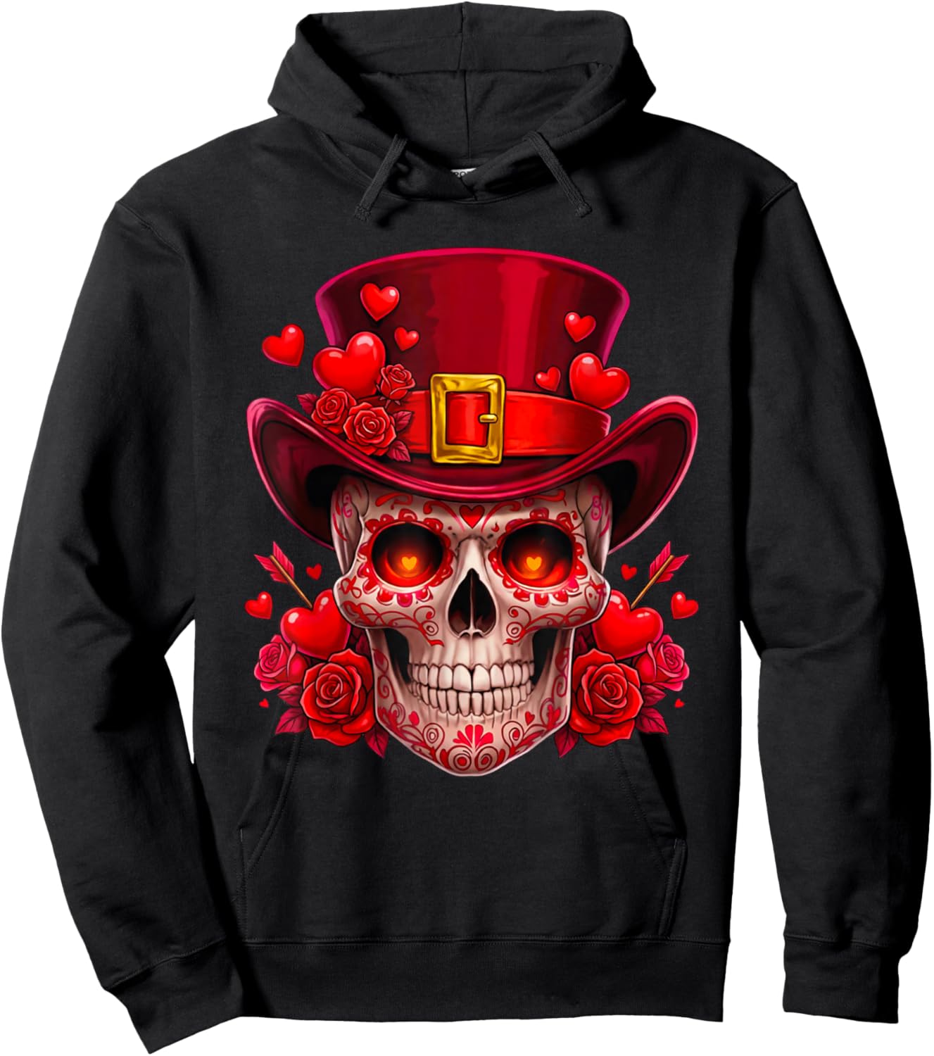 Sugar Skull Valentine Cupid Red Roses Couples Matching Skull Hoodie - Hoodie | Black