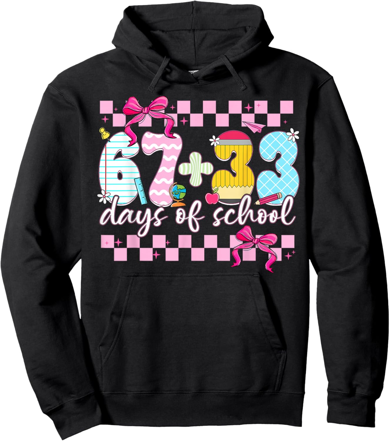 67 + 33 Days of School Cute Coquette Bow Girl Kid Teacher Hoodie - Hoodie | Black