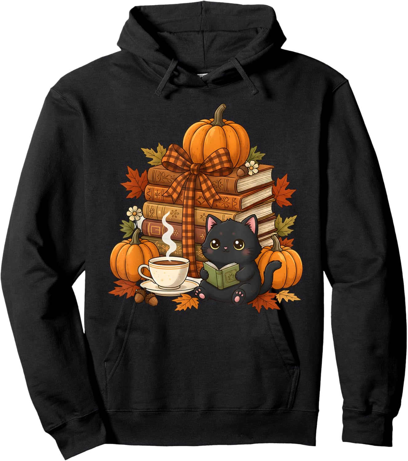 Thanksgiving Autumn Cat Reading Books Fall Vibes Women Hoodie - Hoodie | Black