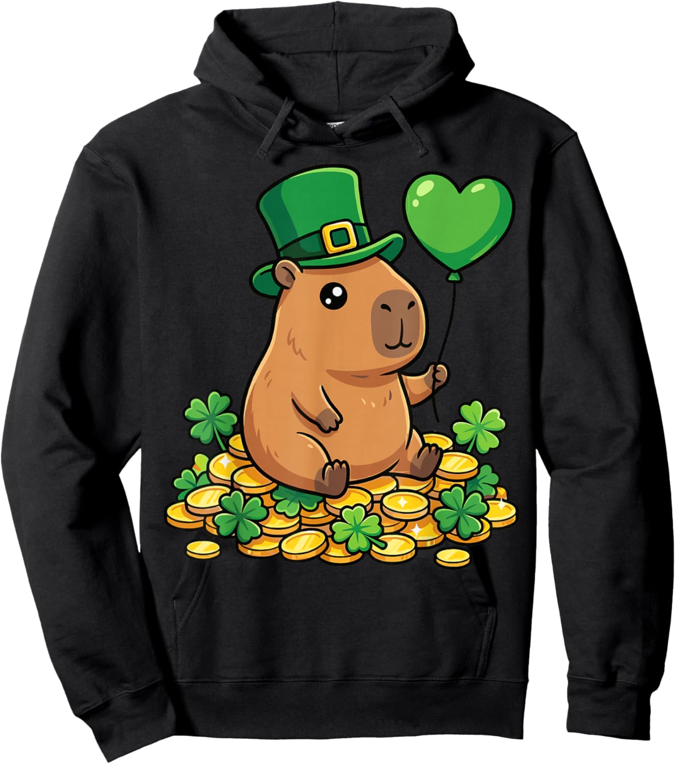 Lucky Capybara St Patricks Day Clover Leprechaun Hat Kawaii Hoodie - Hoodie | Black
