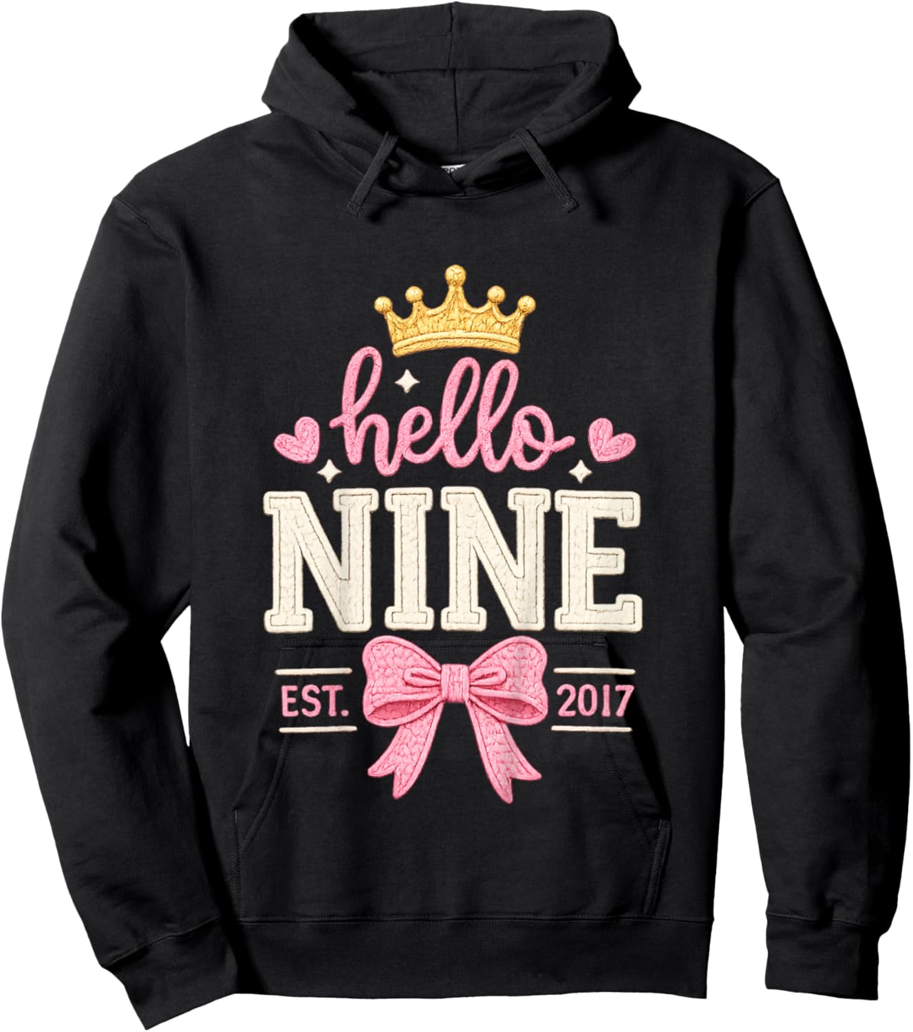 Hello Nine Est 2017 Cute 9th Birthday Bow 9 Years Old Girl Hoodie - Hoodie | Black