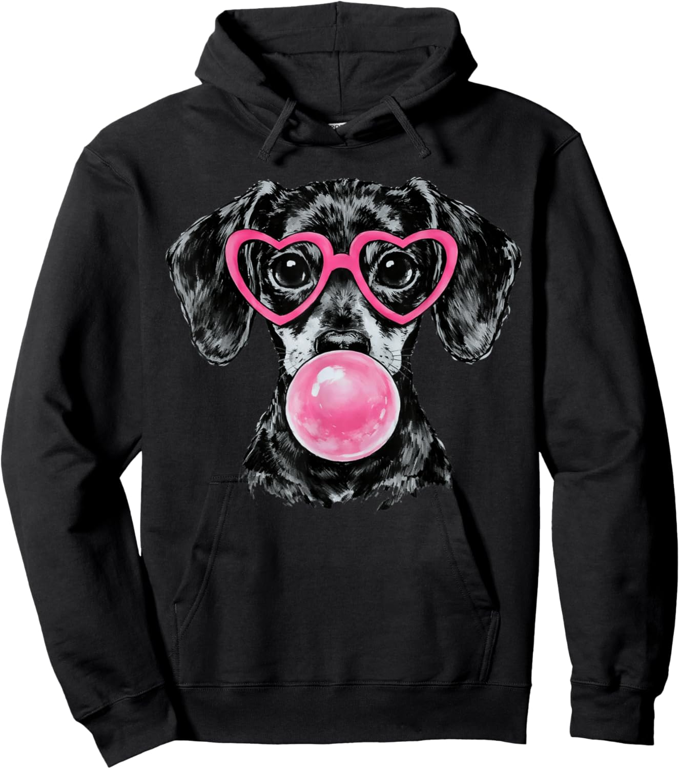 Valentines Dachshund Dog Blowing Bubble Pink Heart Glasses Hoodie - Hoodie | Black