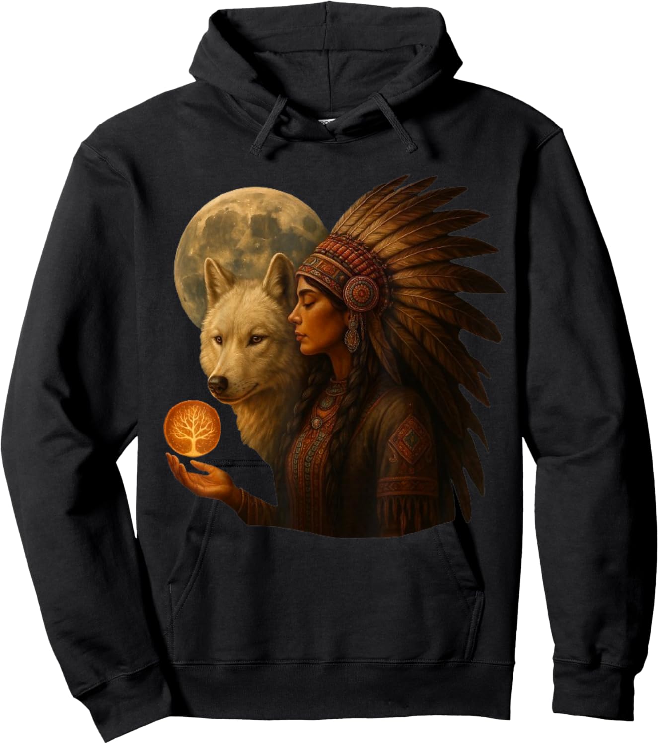 Indian Native American Woman with White Wolf Vitage Gifts Hoodie - Hoodie | Black