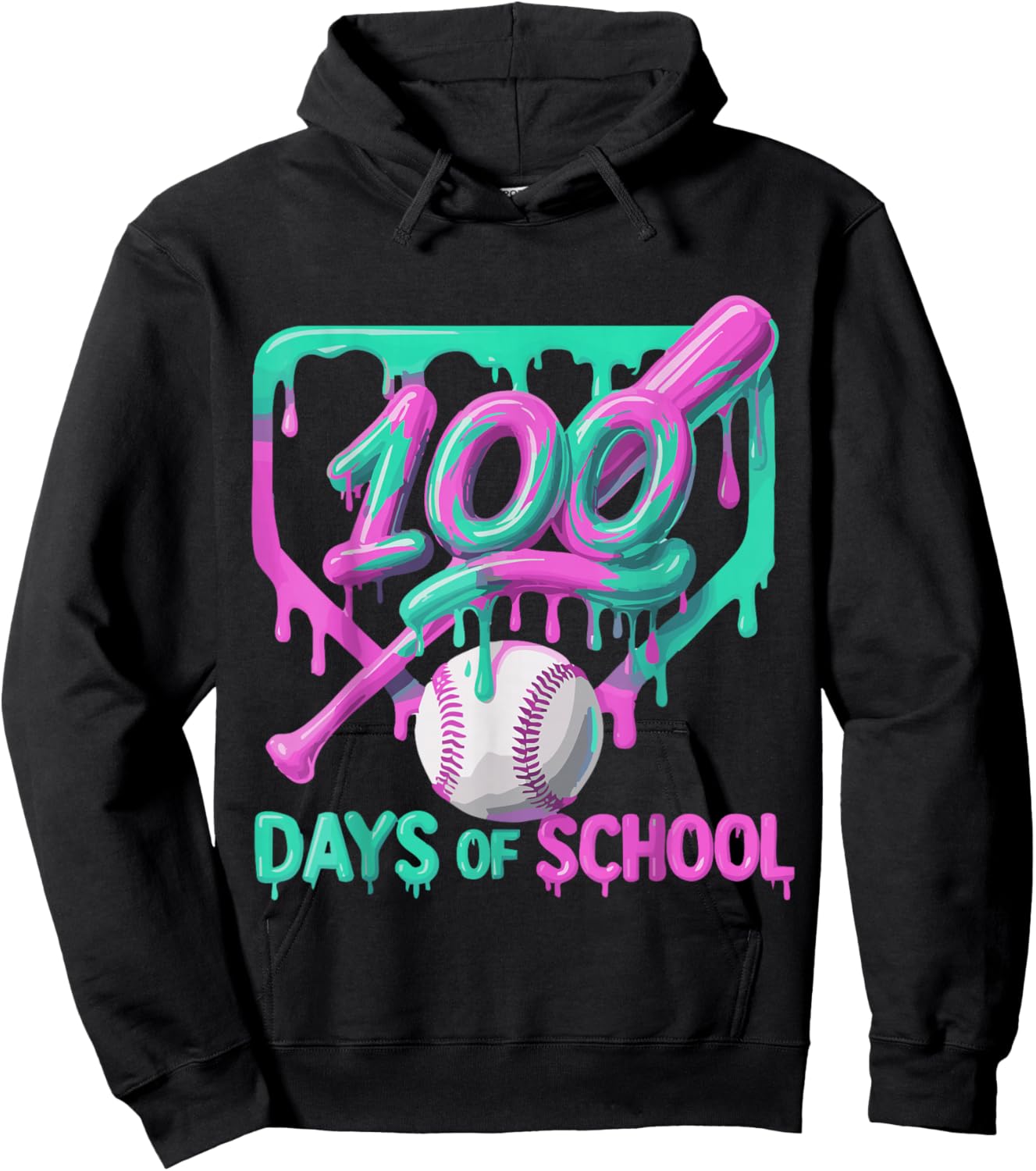 100 Days of School Baseball Ice Cream Drip 100th Day Player Hoodie - Hoodie | Black