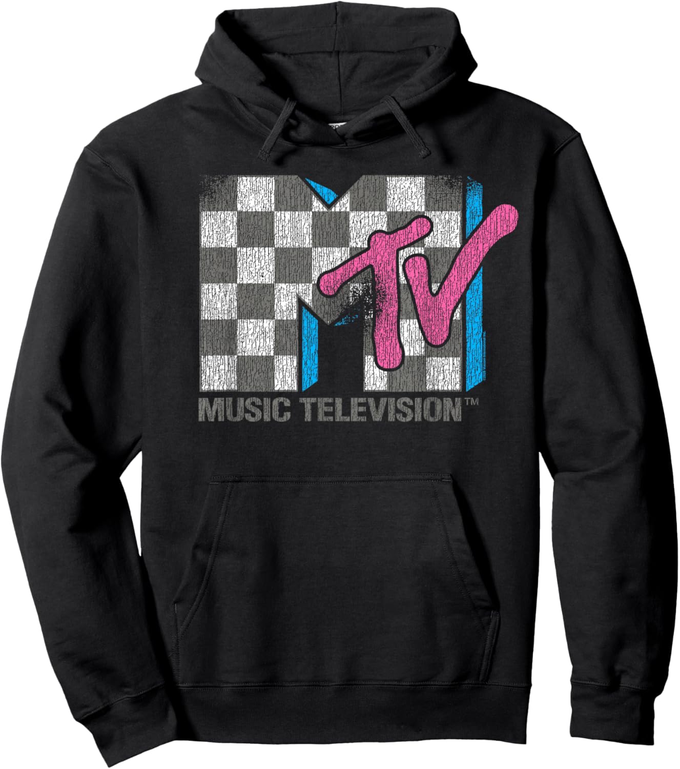 MTV Distressed Vintage Checkerboard Logo Music Television Hoodie - Hoodie | Black